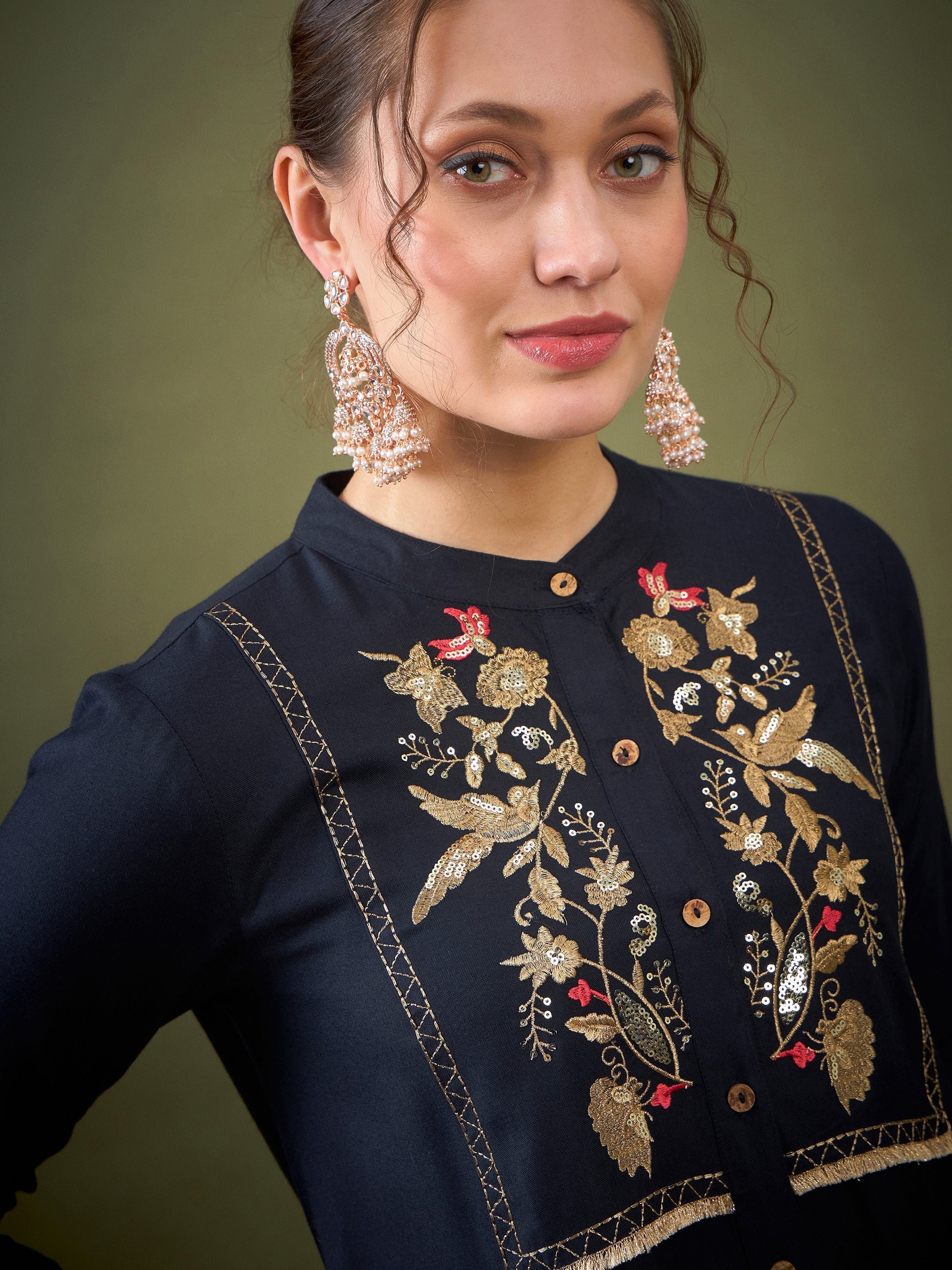 Women Black Front Yoke Embroidered Shirt With Palazzos - Image 4