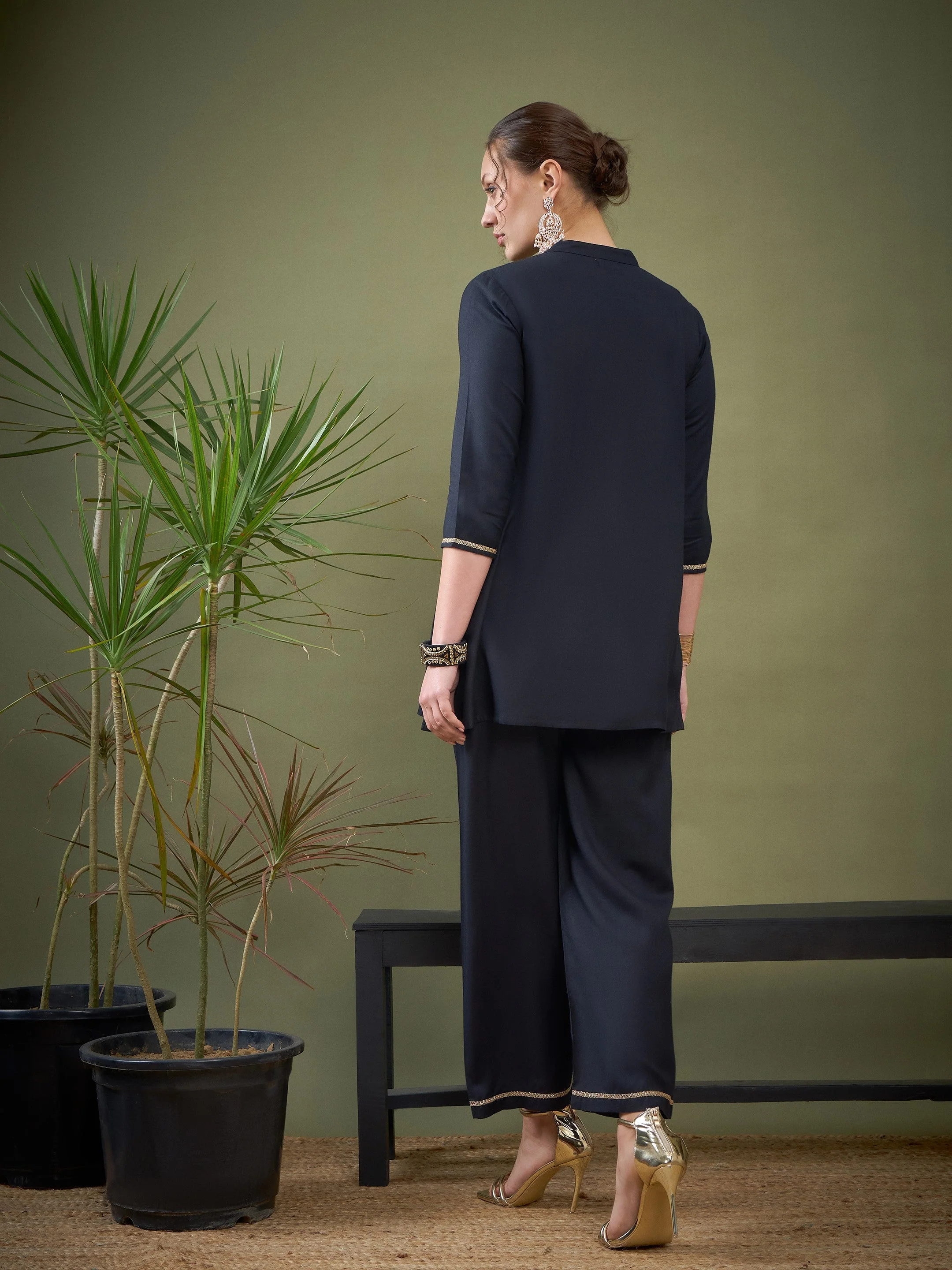 Women Black Front Yoke Embroidered Shirt With Palazzos - Image 6