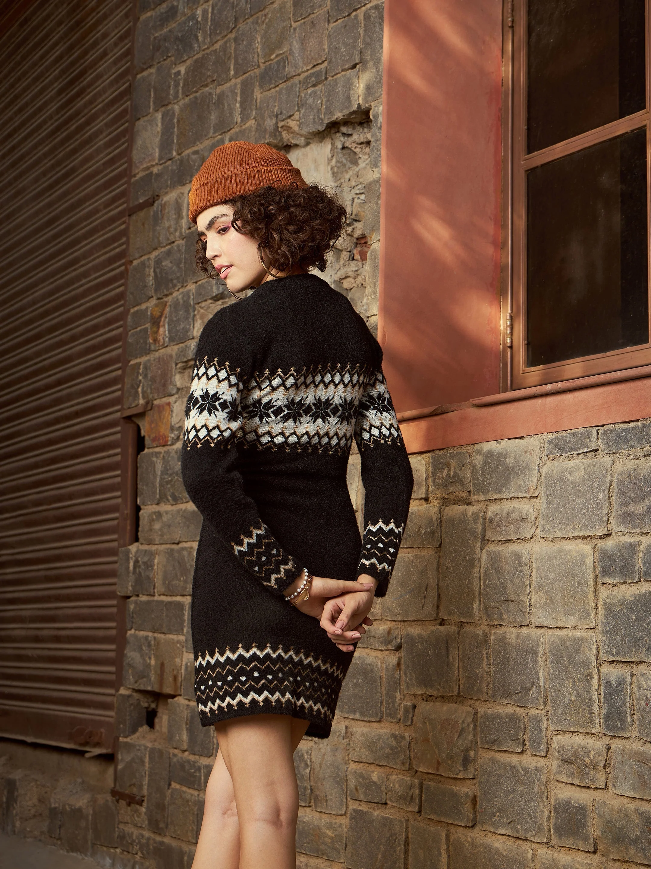 Women Black Geo Border Woolen Sweater Dress - Image 2