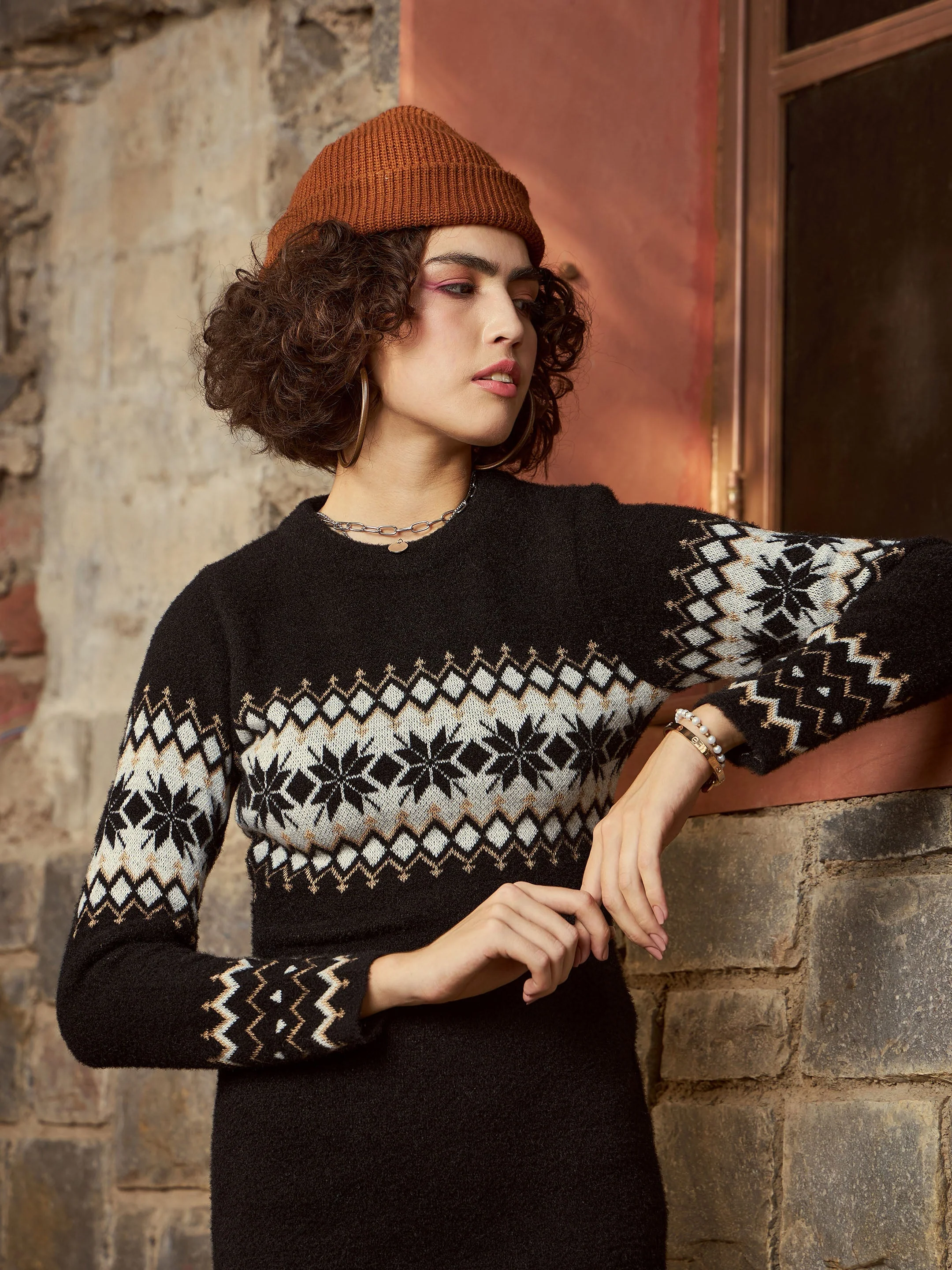 Women Black Geo Border Woolen Sweater Dress - Image 3
