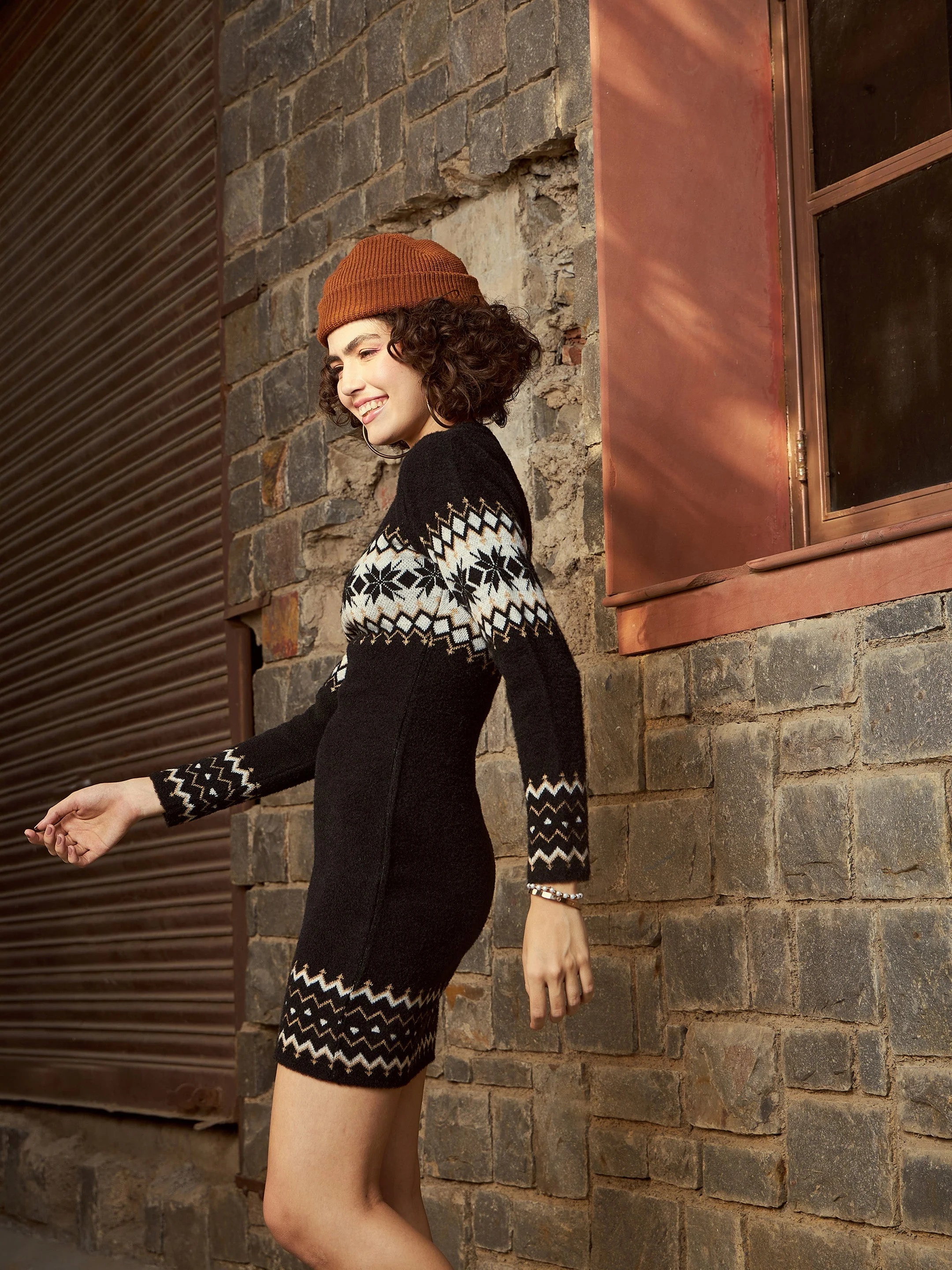 Women Black Geo Border Woolen Sweater Dress - Image 4
