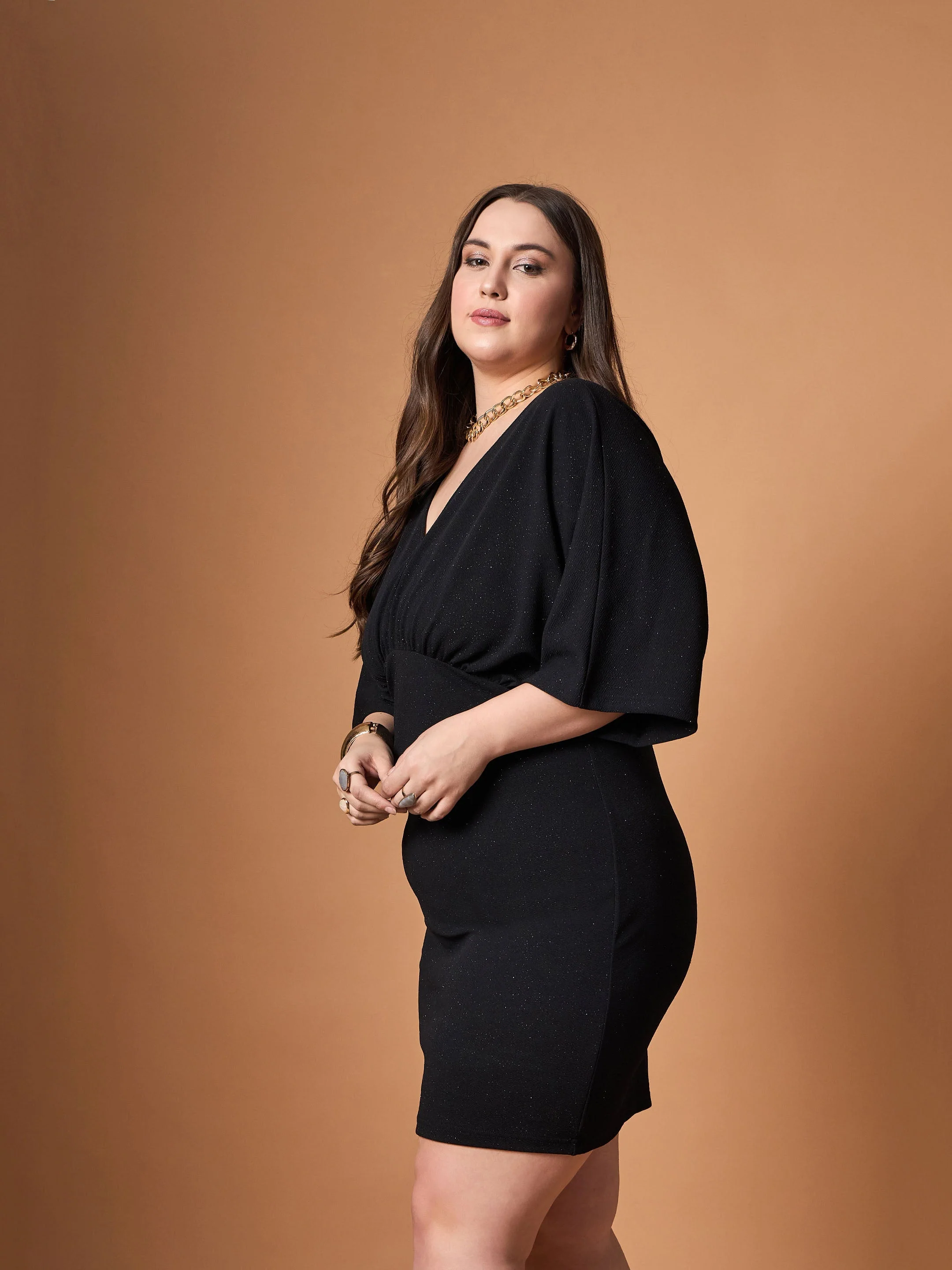 Women Black Glitter Bodycon Kimono Sleeves Dress - Image 3