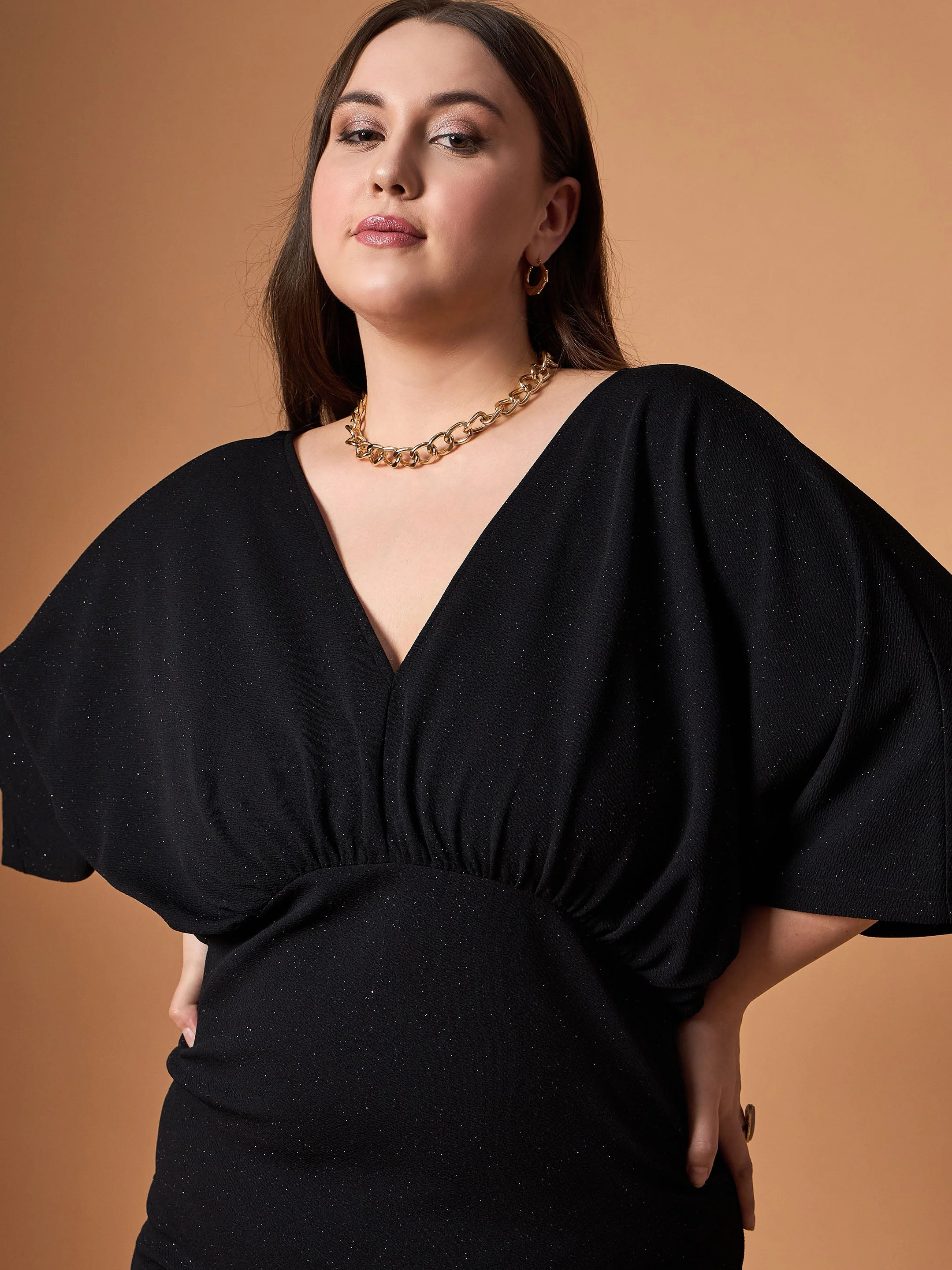 Women Black Glitter Bodycon Kimono Sleeves Dress - Image 4