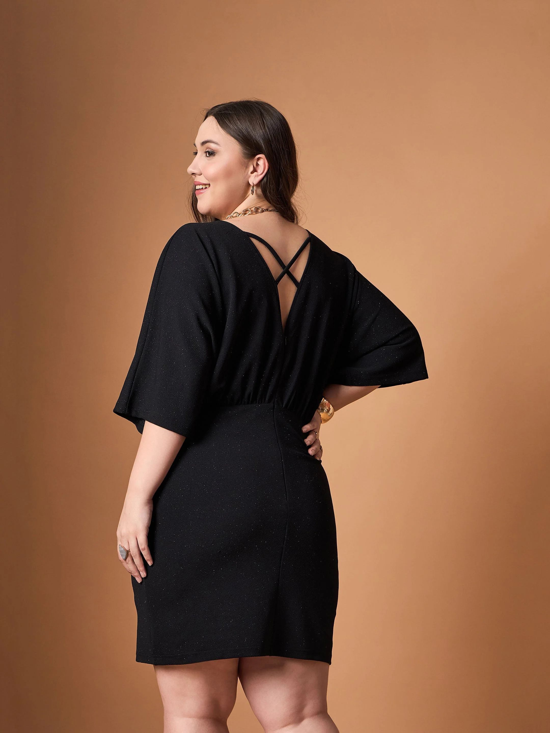 Women Black Glitter Bodycon Kimono Sleeves Dress - Image 5