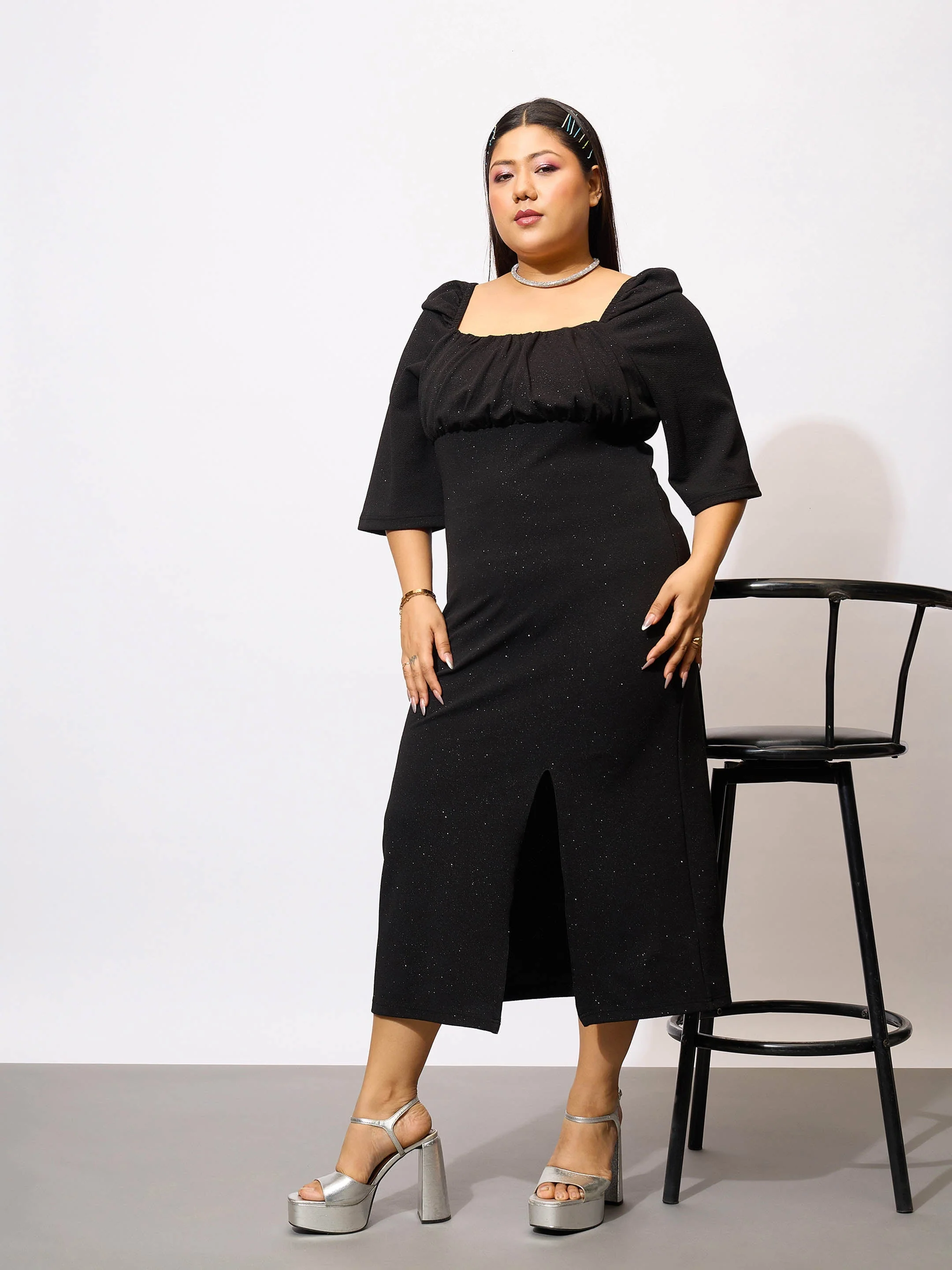 Women Black Glitter Bust Ruched Bodycon Dress - Image 3