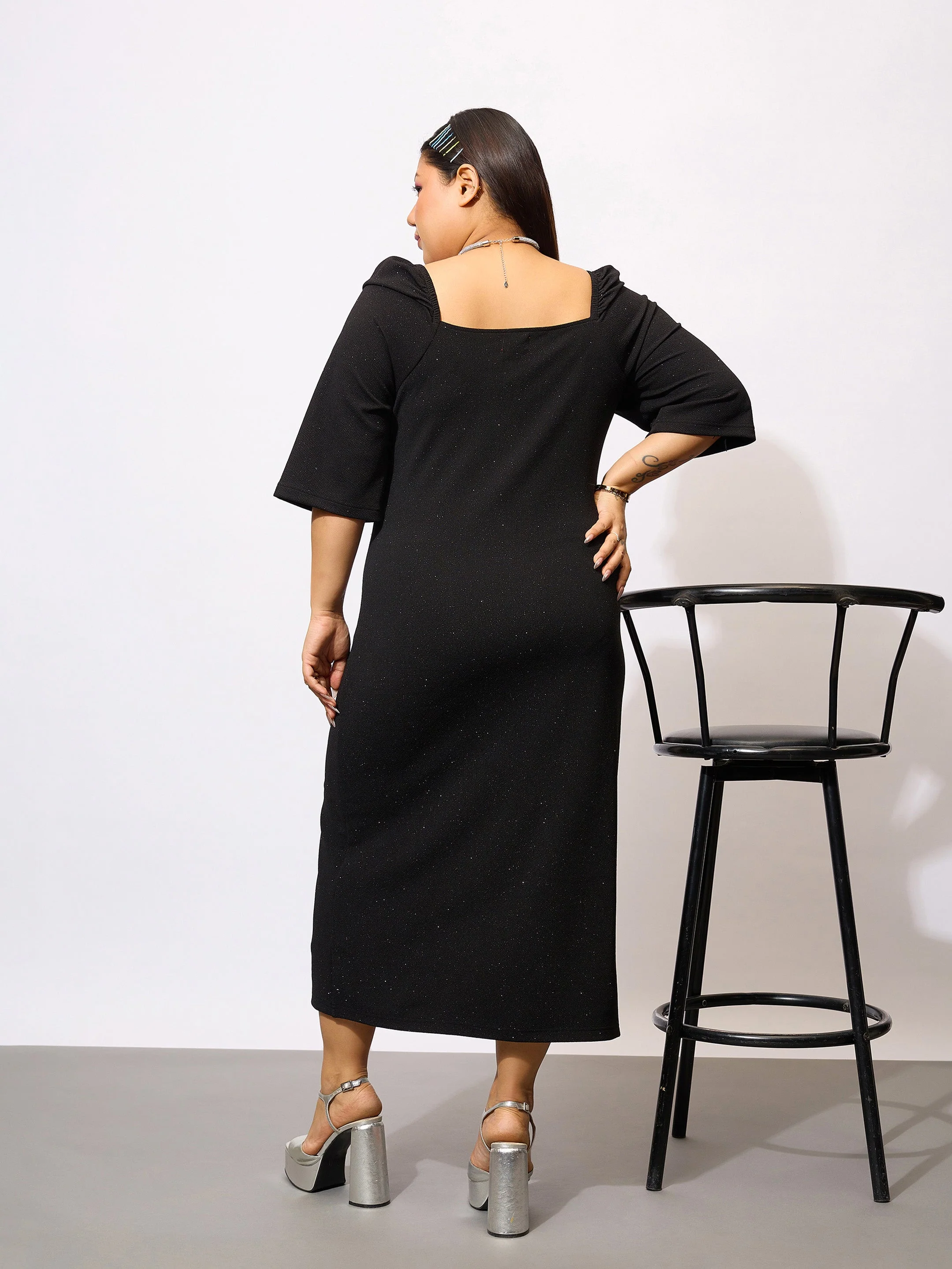 Women Black Glitter Bust Ruched Bodycon Dress - Image 5