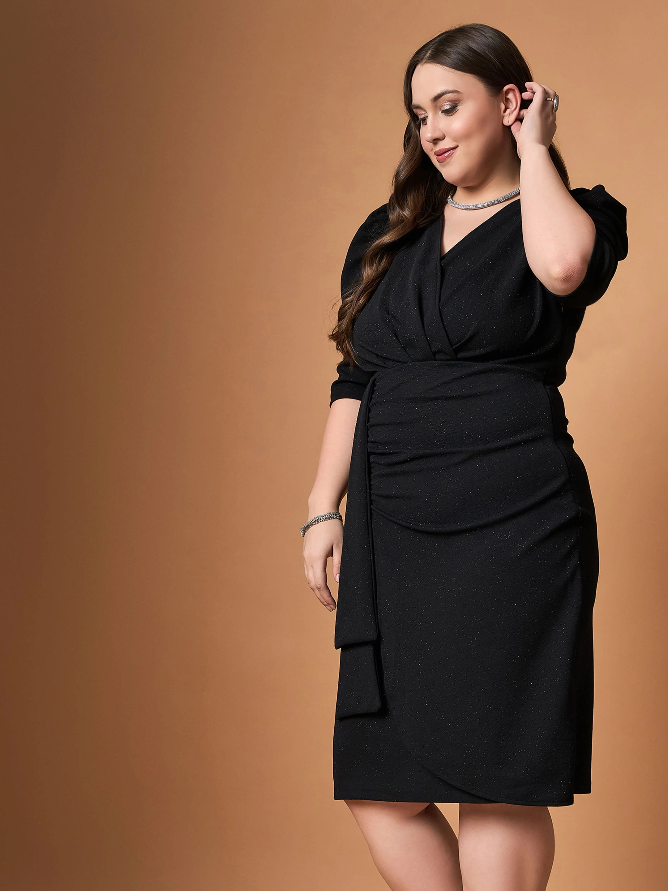 Women Black Glitter Front Ruched Dress - Image 3