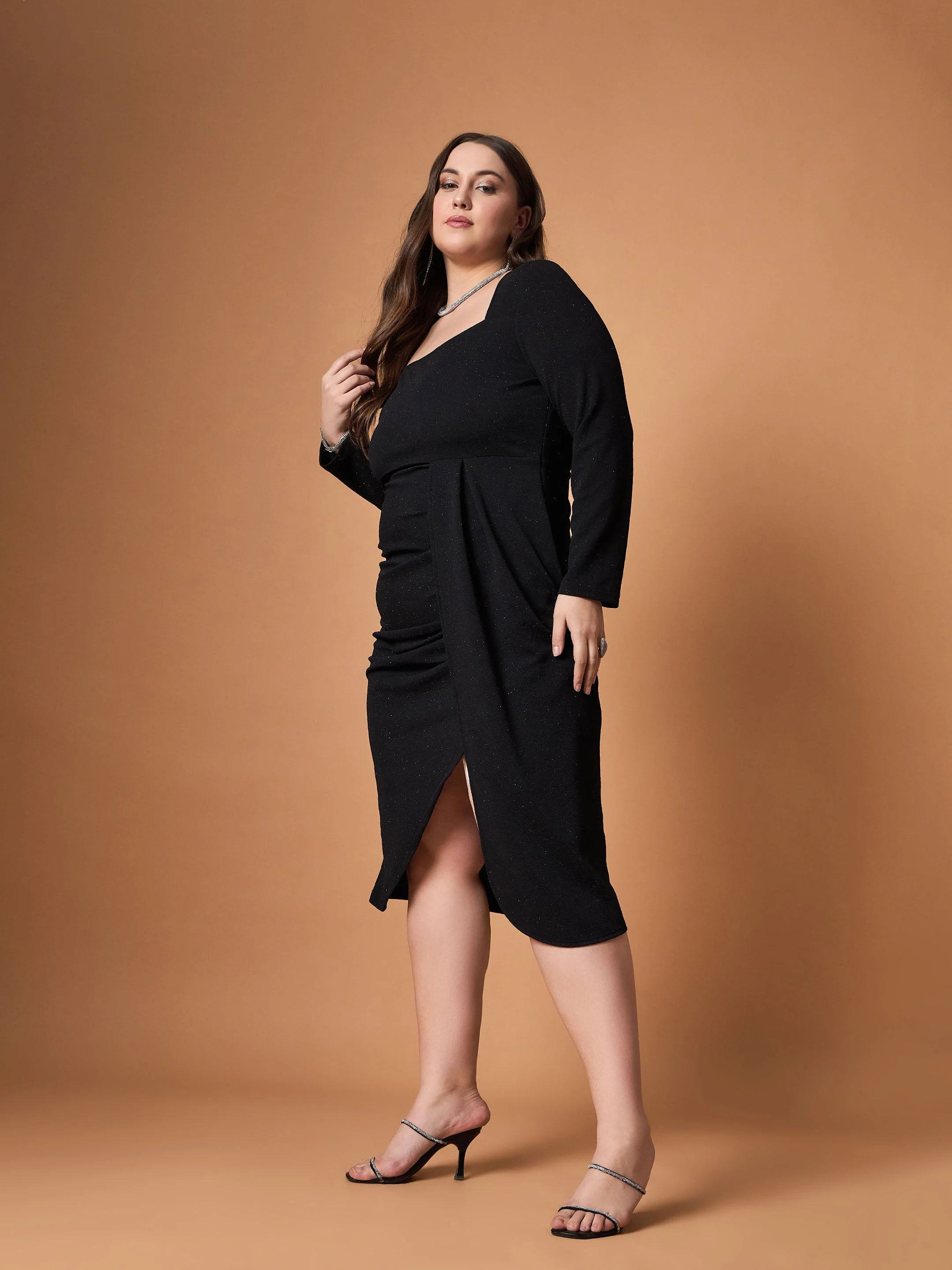 Women Black Glitter Front Slit Dress - Image 3