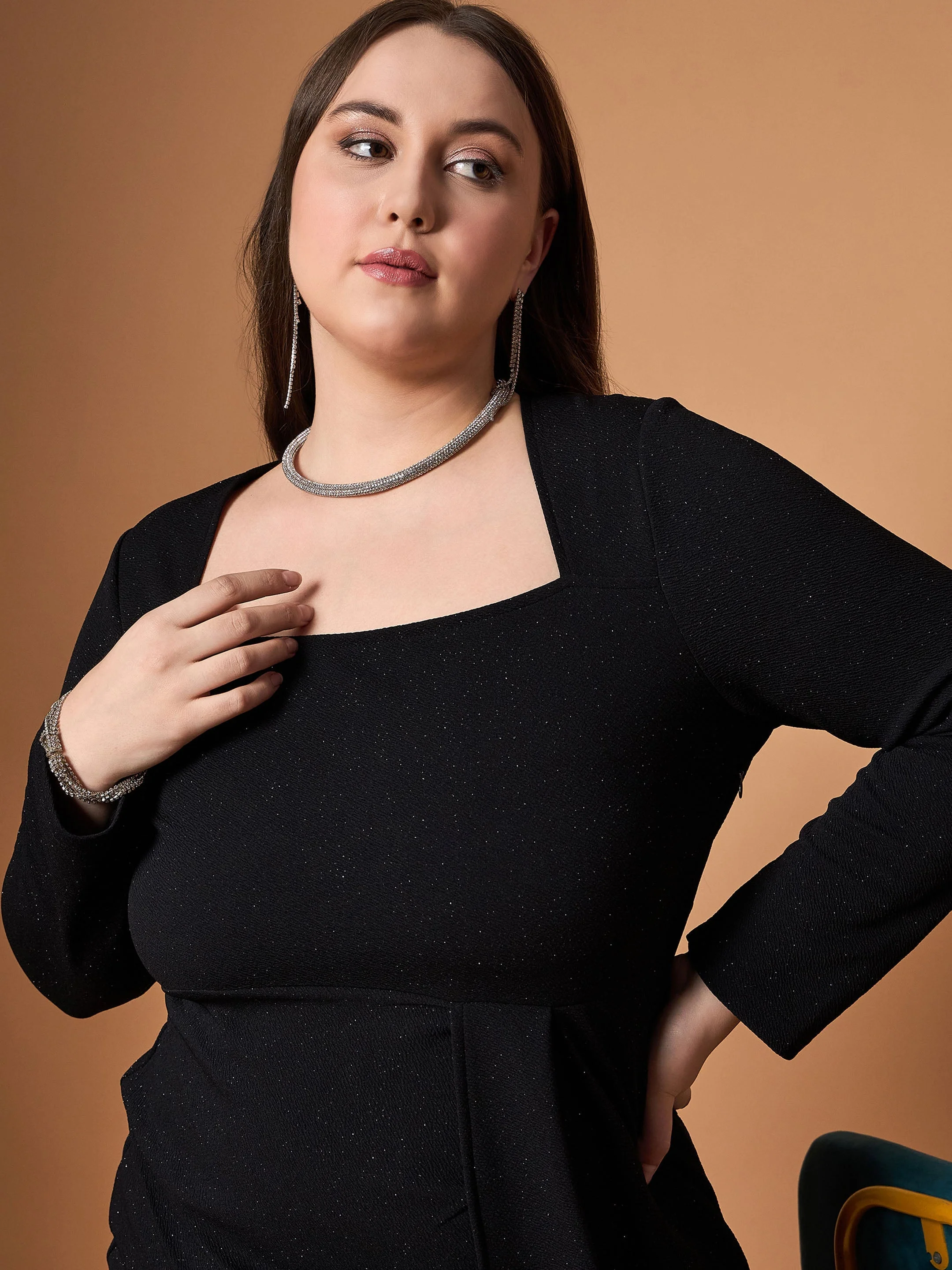 Women Black Glitter Front Slit Dress - Image 4