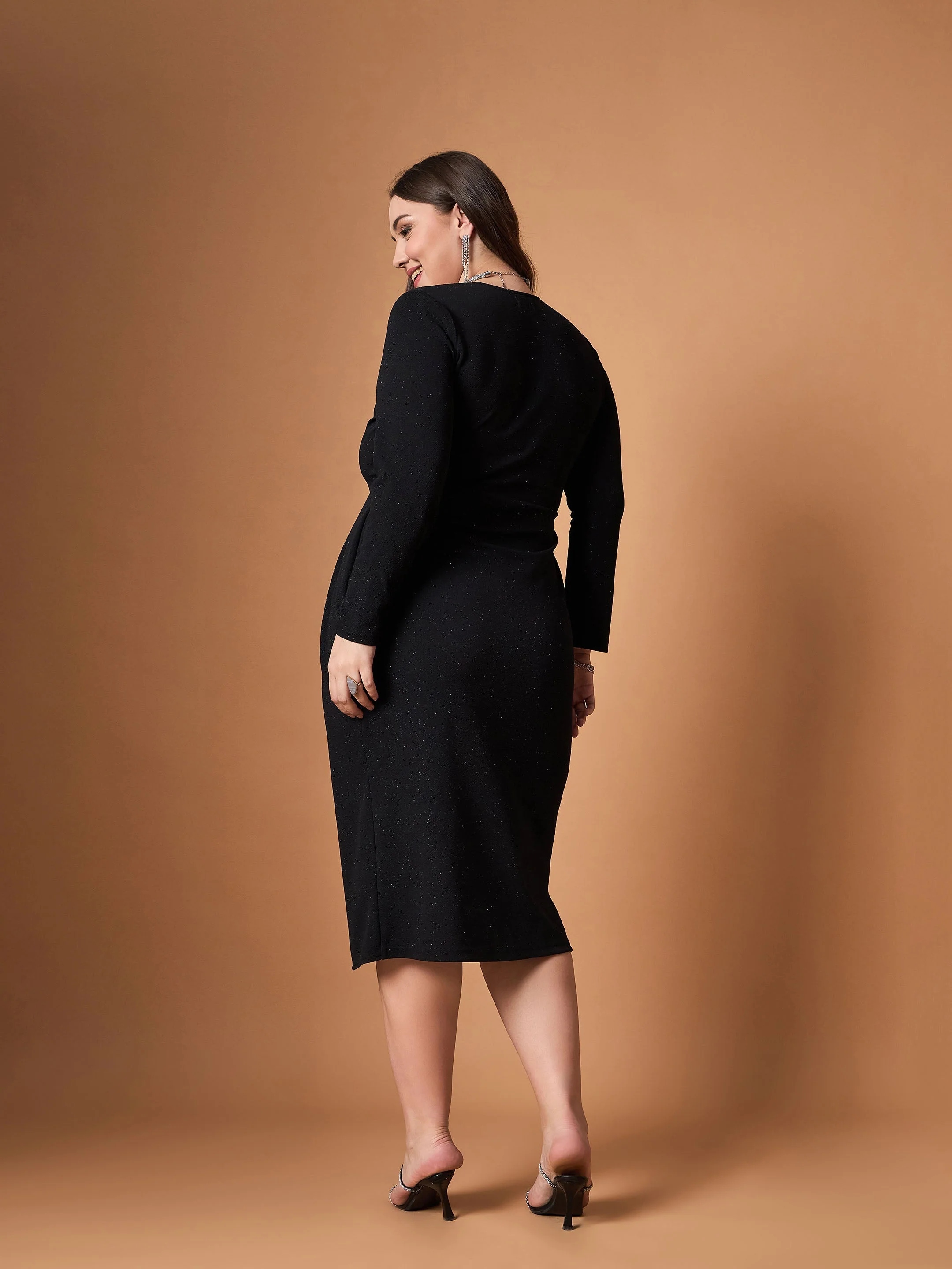 Women Black Glitter Front Slit Dress - Image 5