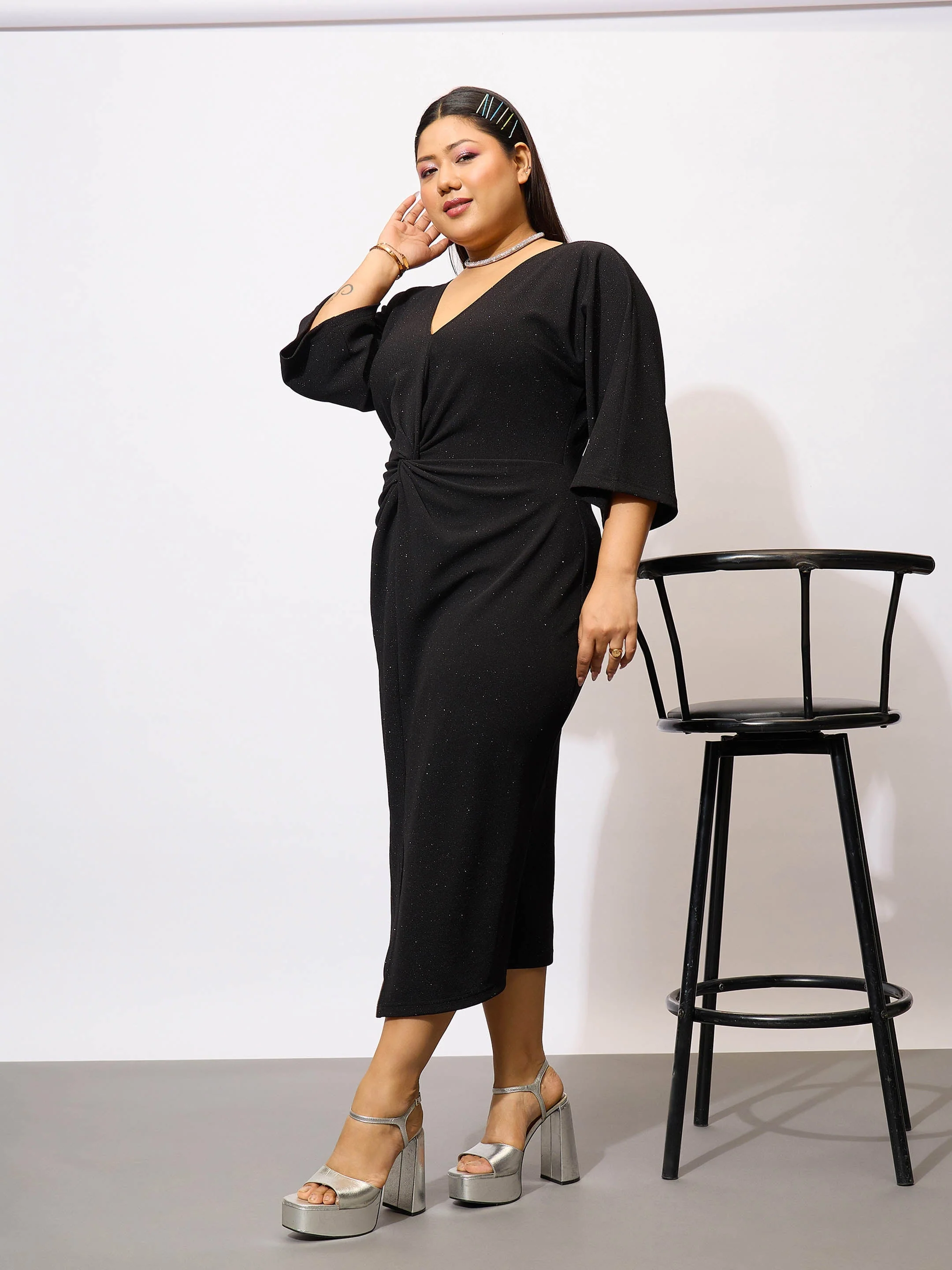 Women Black Glitter Mock Knot Bodycon Dress - Image 3