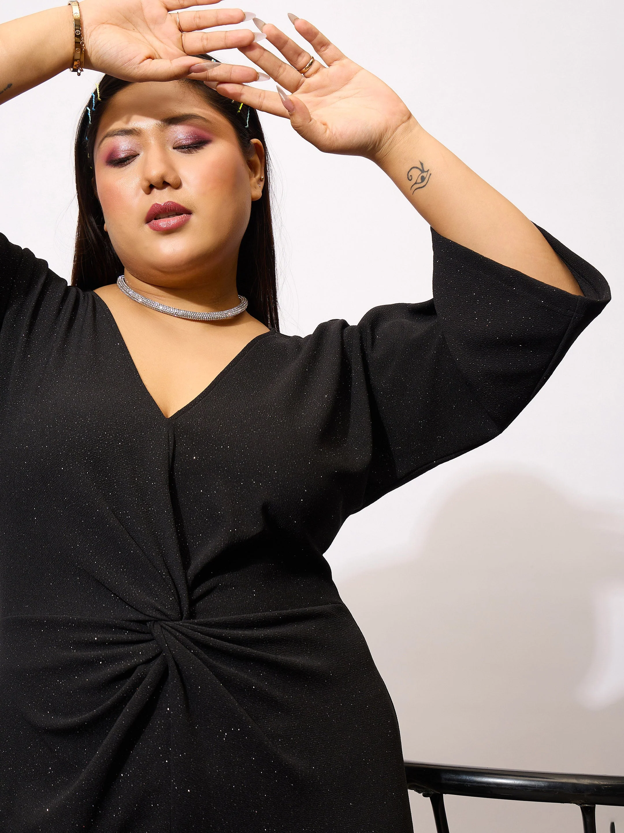 Women Black Glitter Mock Knot Bodycon Dress - Image 4