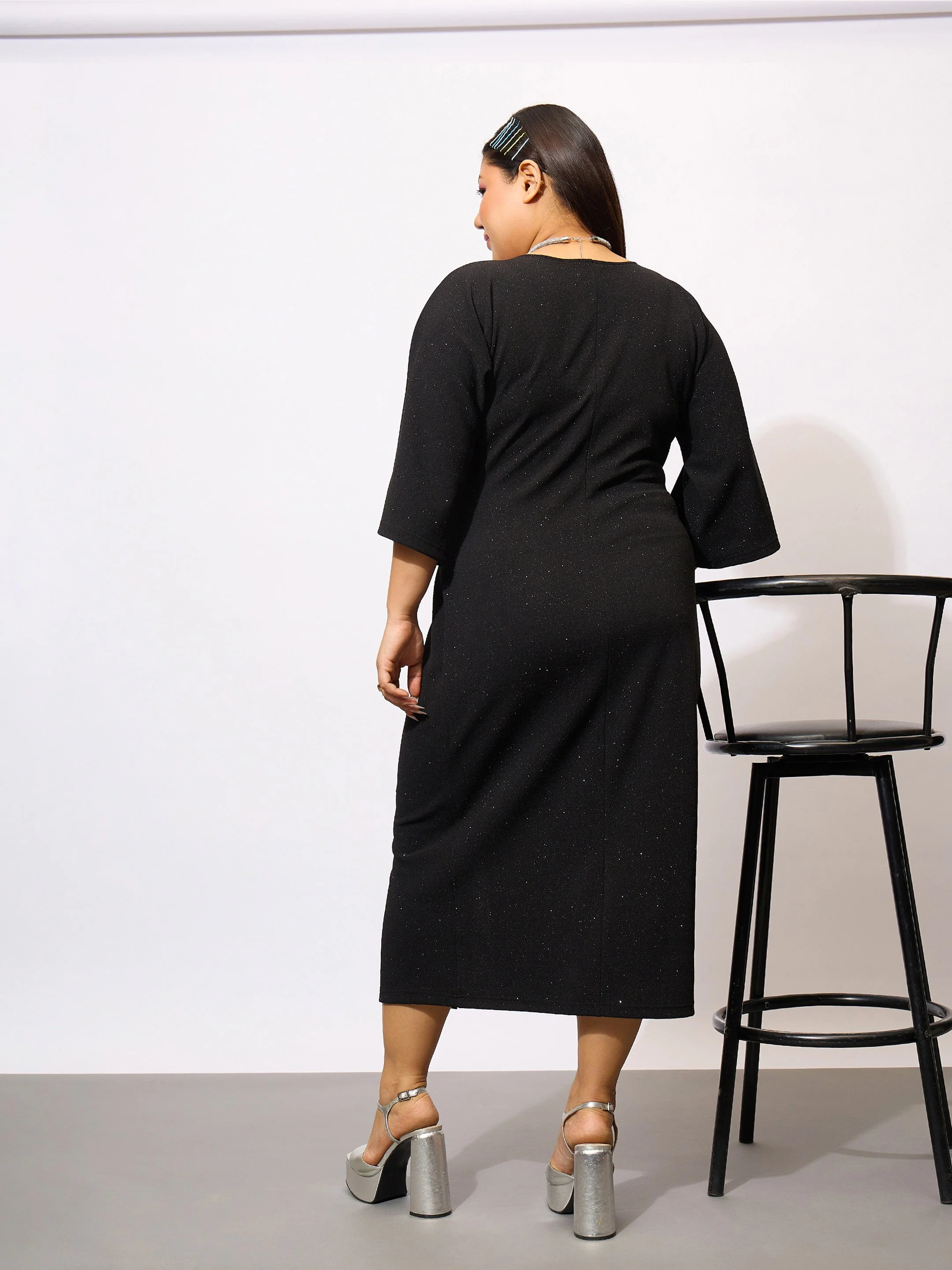 Women Black Glitter Mock Knot Bodycon Dress - Image 5