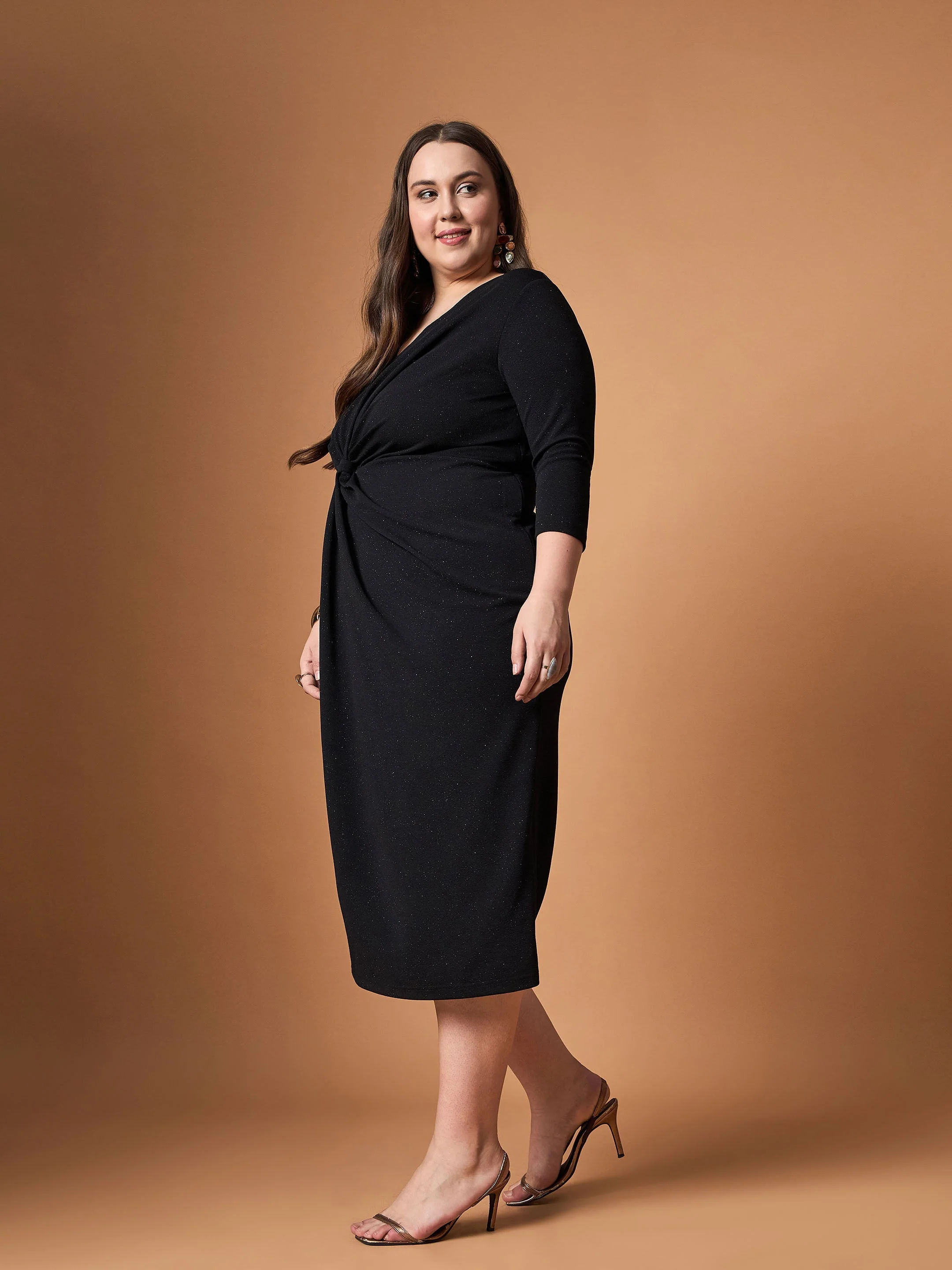 Women Black Glitter Side Knot Midi Dress - Image 3