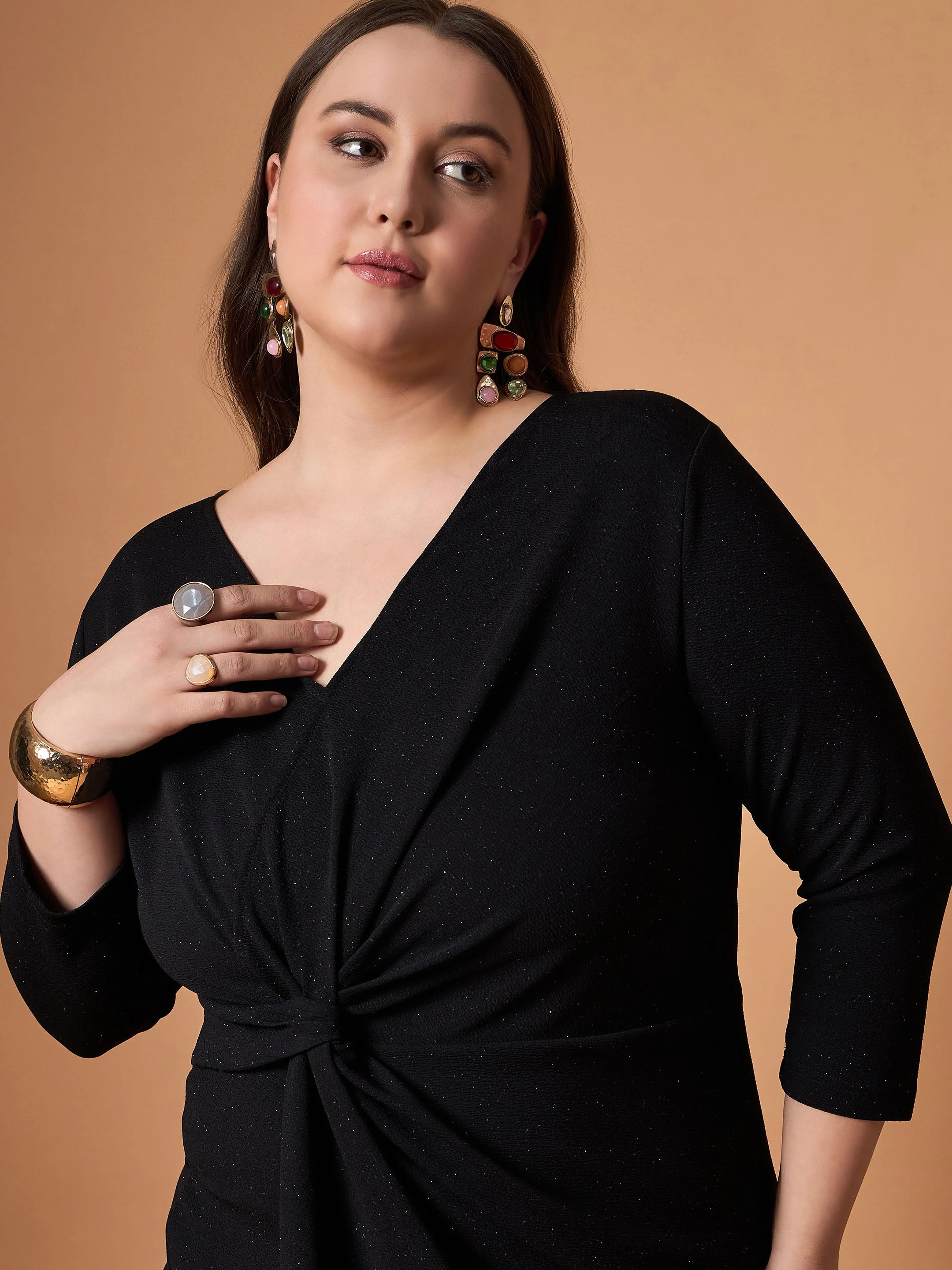Women Black Glitter Side Knot Midi Dress - Image 4