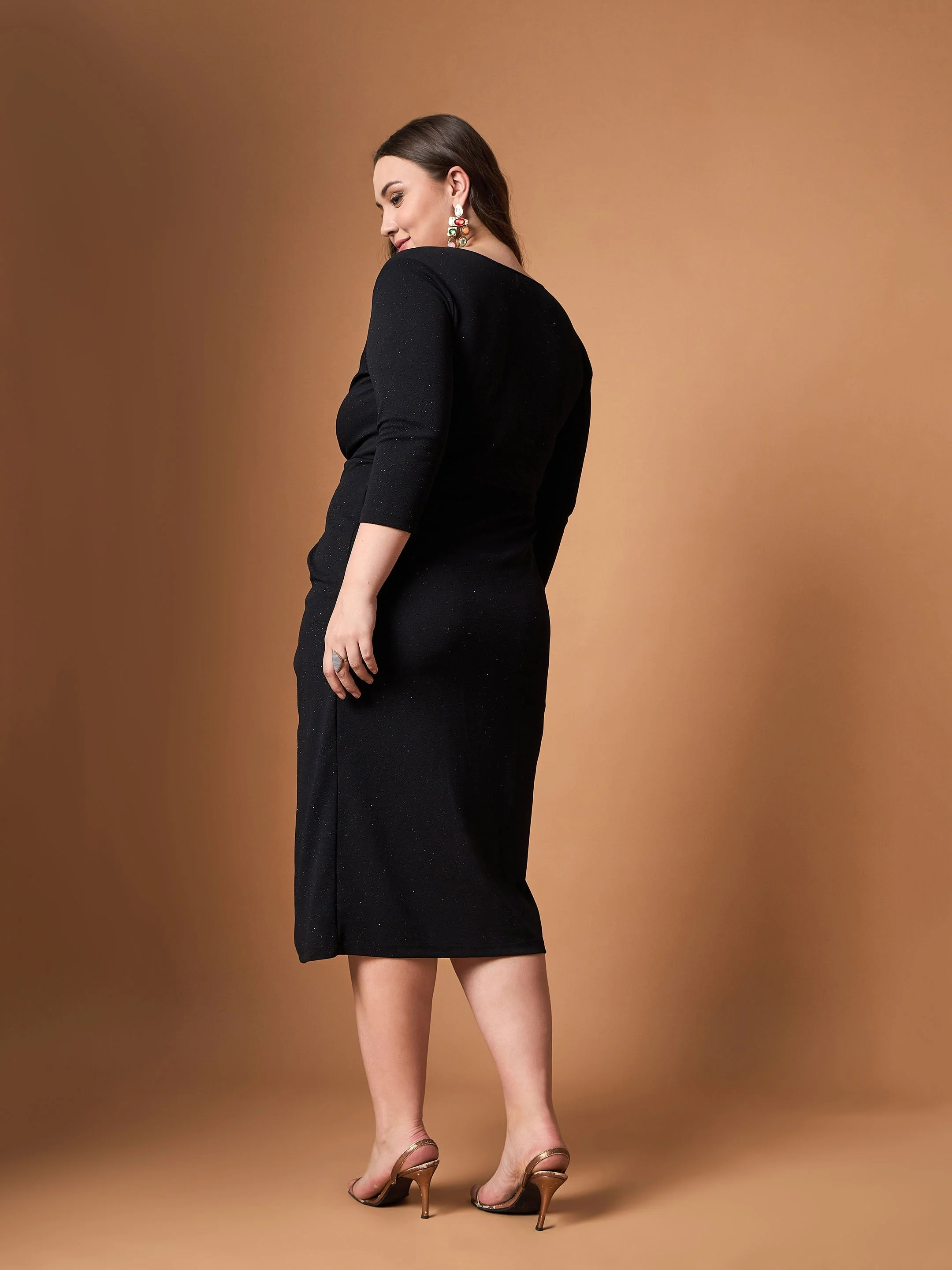 Women Black Glitter Side Knot Midi Dress - Image 5