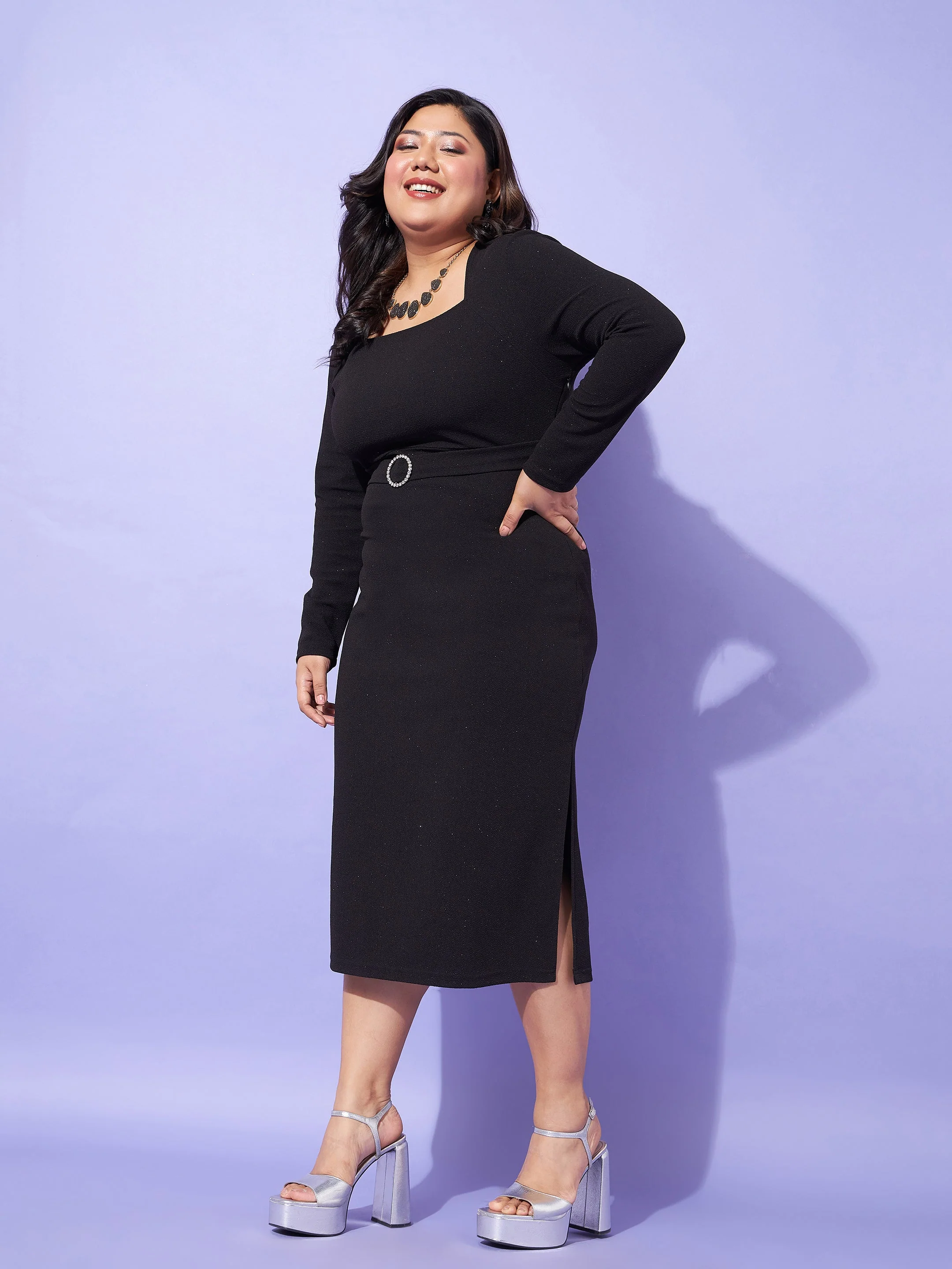 Women Black Glitter Side Slit Belted Midi Dress - Image 3