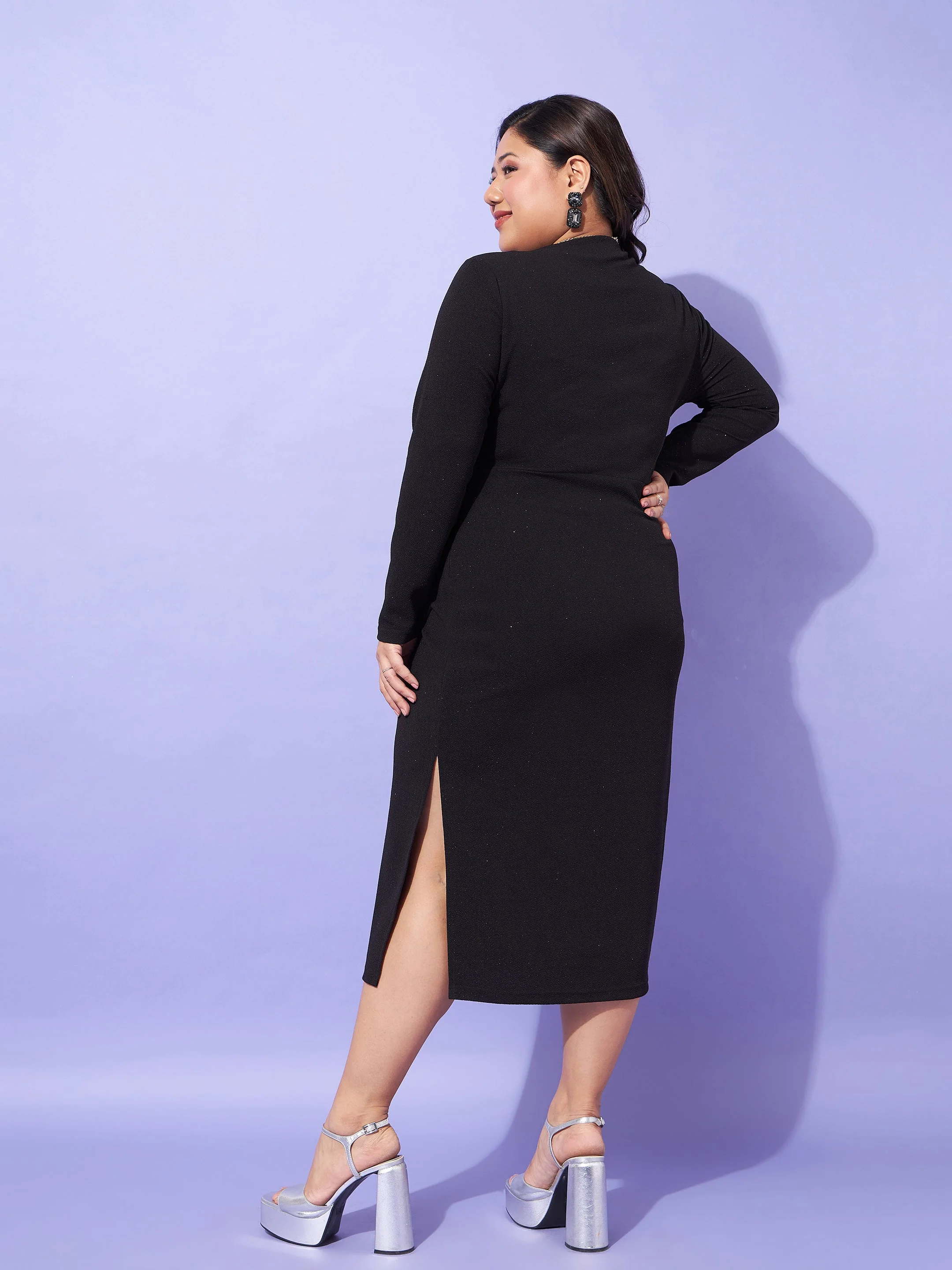 Women Black Glitter Side Slit Belted Midi Dress - Image 5