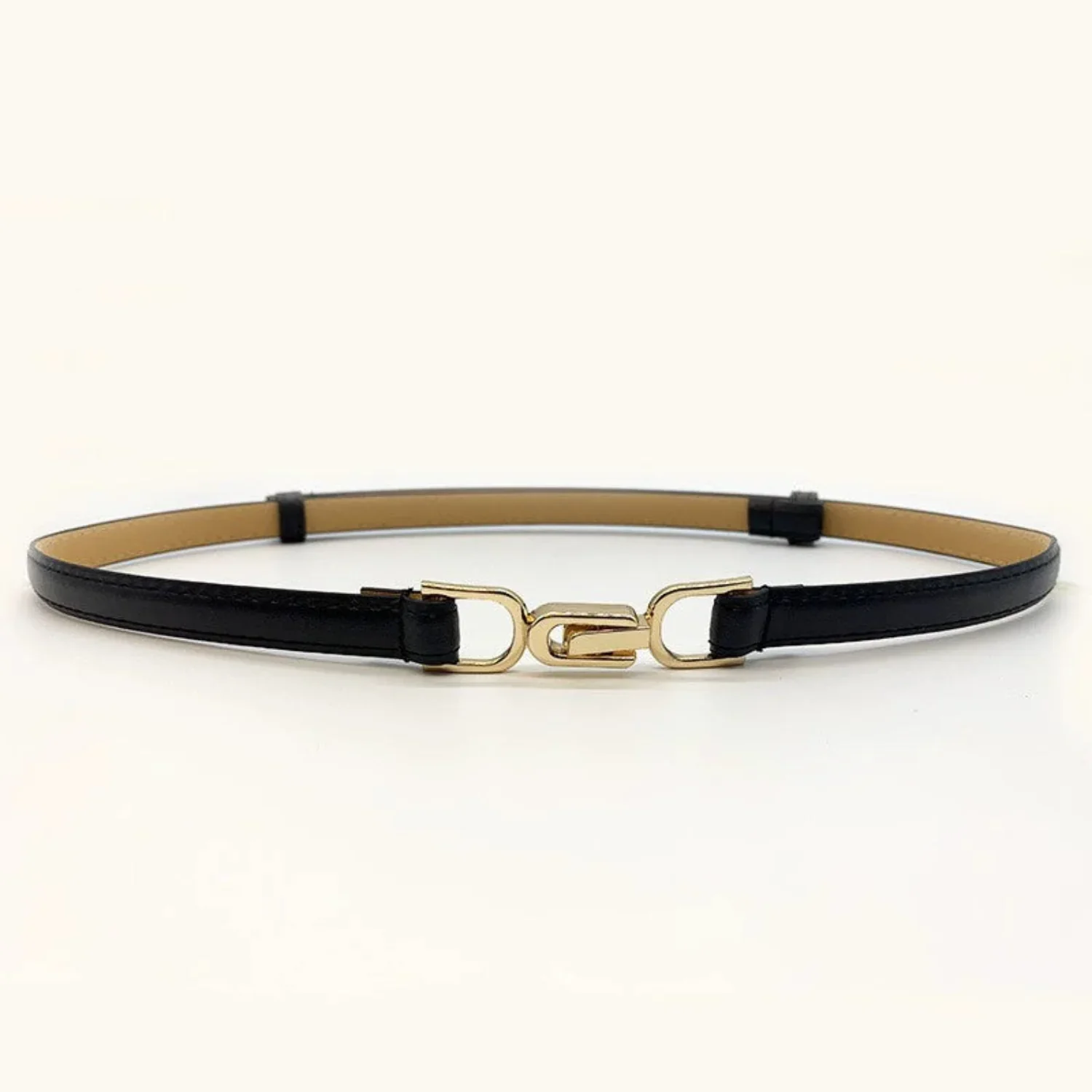 Women Black Gold Clasp Skinny Black Belt - Image 3
