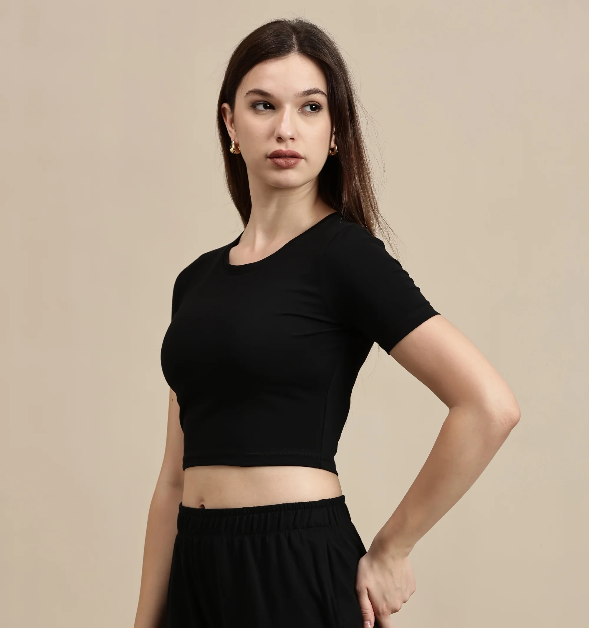 Women Black Half Sleeve Crop Top - Image 2