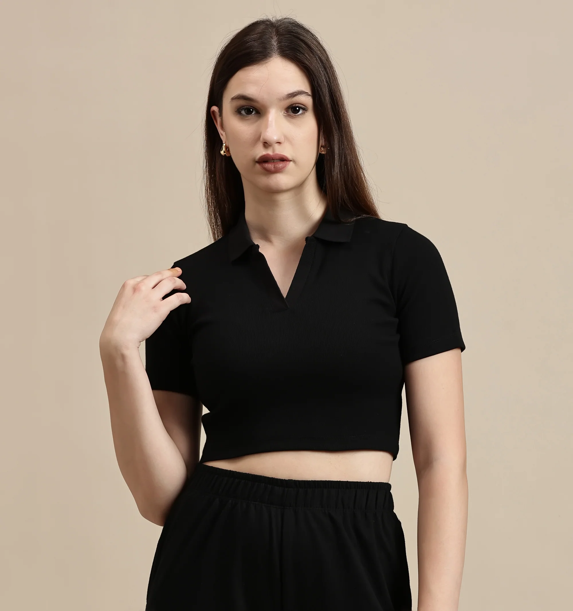 Women Black Half Sleeve Crop Top - Image 2