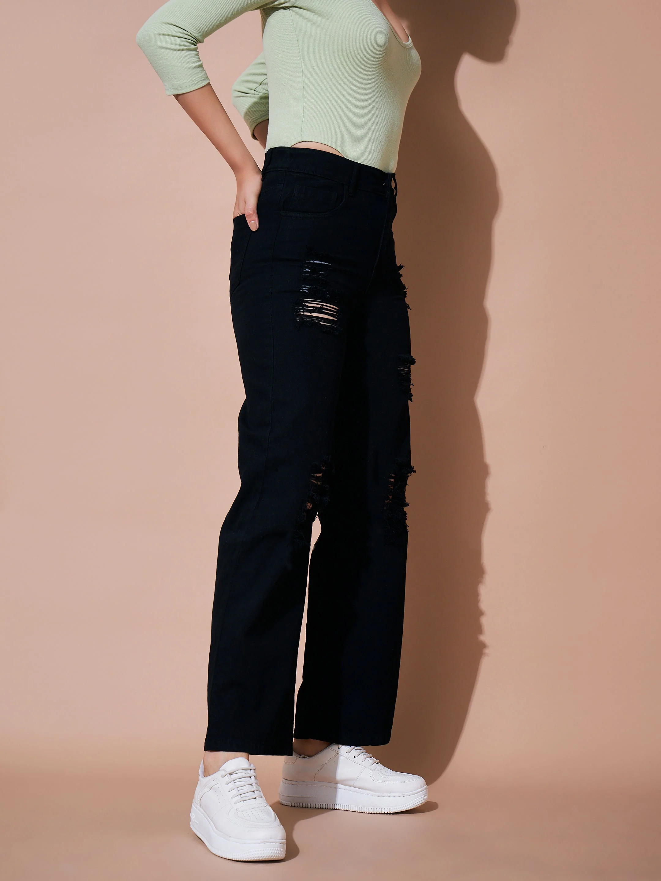 Women Black Heavy Distress Straight Jeans - Image 3