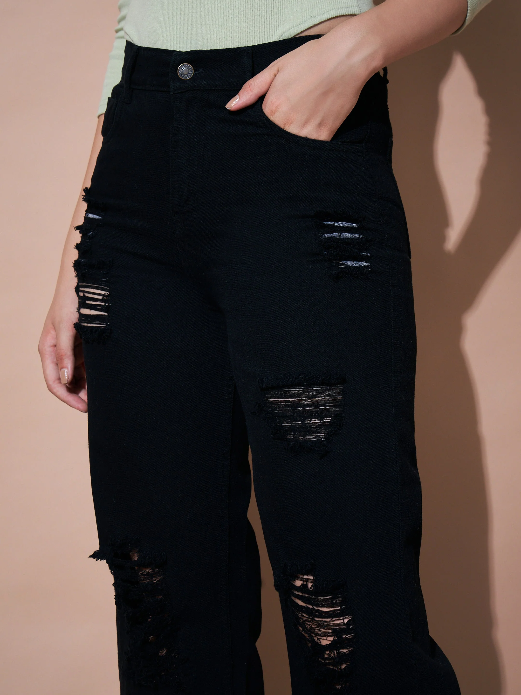 Women Black Heavy Distress Straight Jeans - Image 4