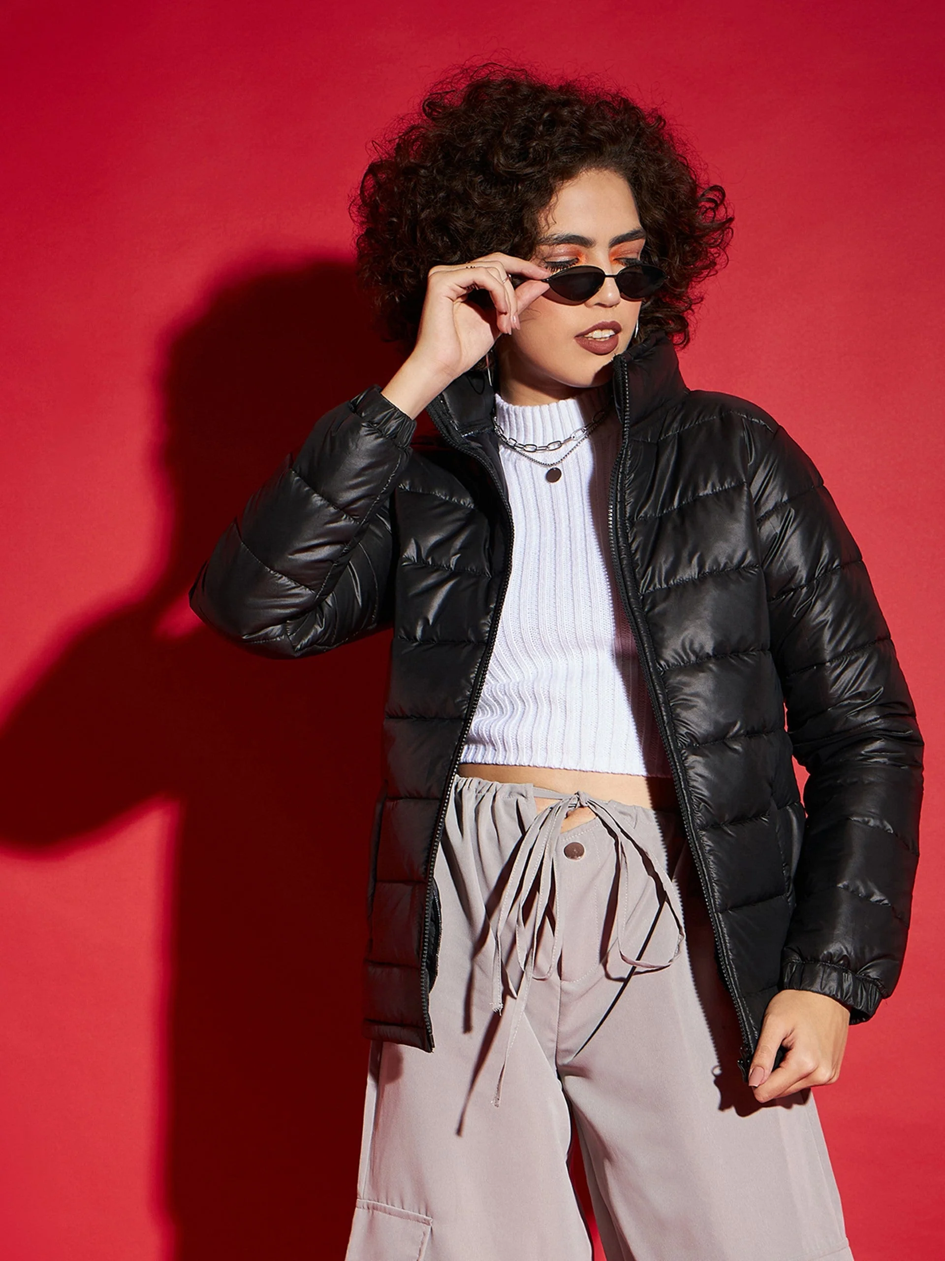 Women Black High Neck Horizontal Quilt Puffer Jacket - Image 3