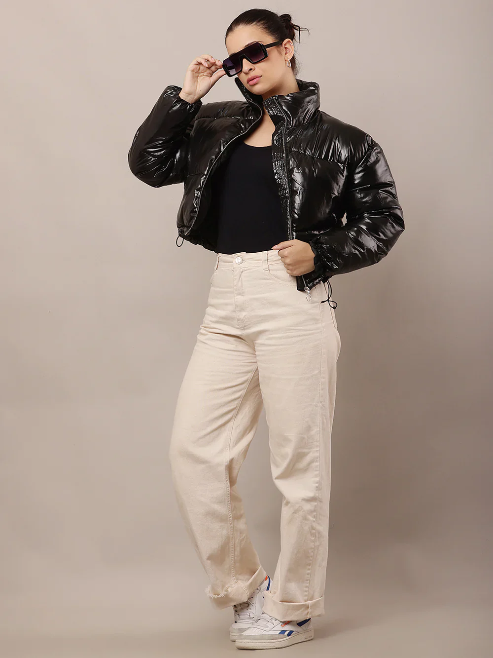 Women Black High-Neck Nylon Puffer Jacket - Image 2