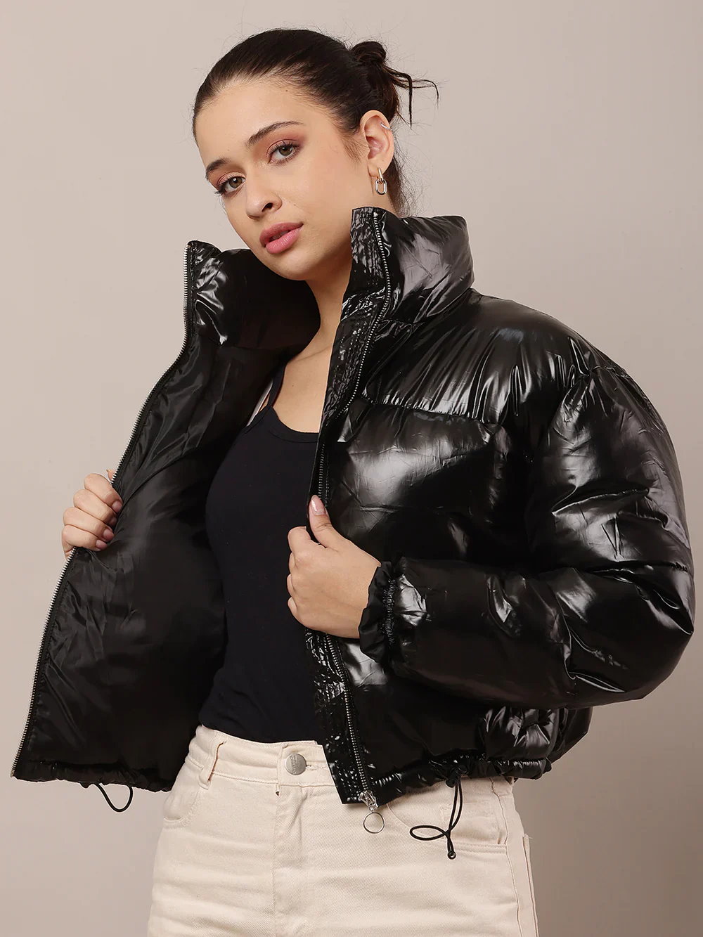 Women Black High-Neck Nylon Puffer Jacket - Image 3