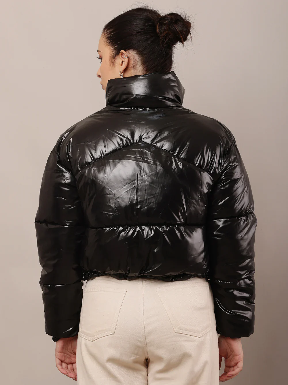 Women Black High-Neck Nylon Puffer Jacket - Image 4