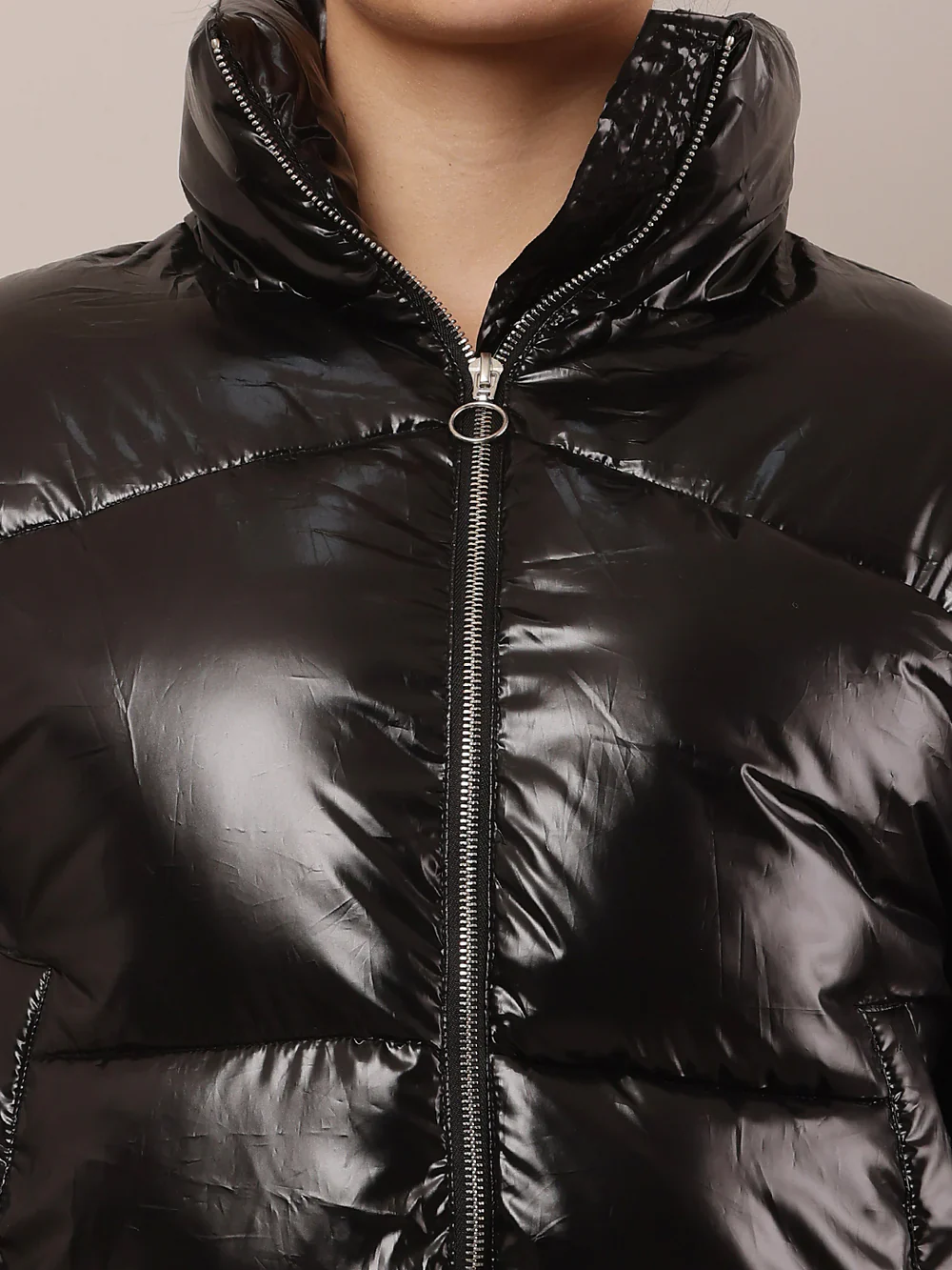 Women Black High-Neck Nylon Puffer Jacket - Image 5