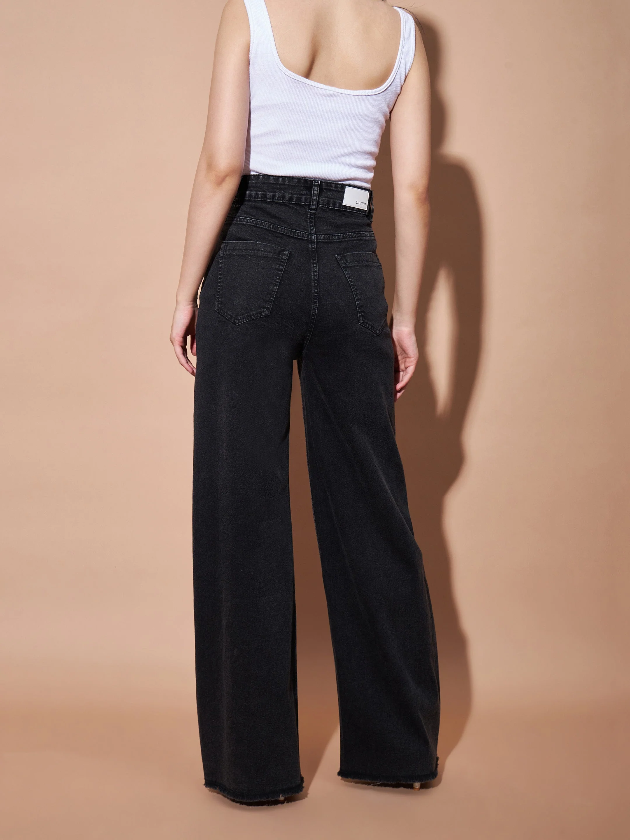 Women Black High Waist Flap Pocket Straight Jeans - Image 2