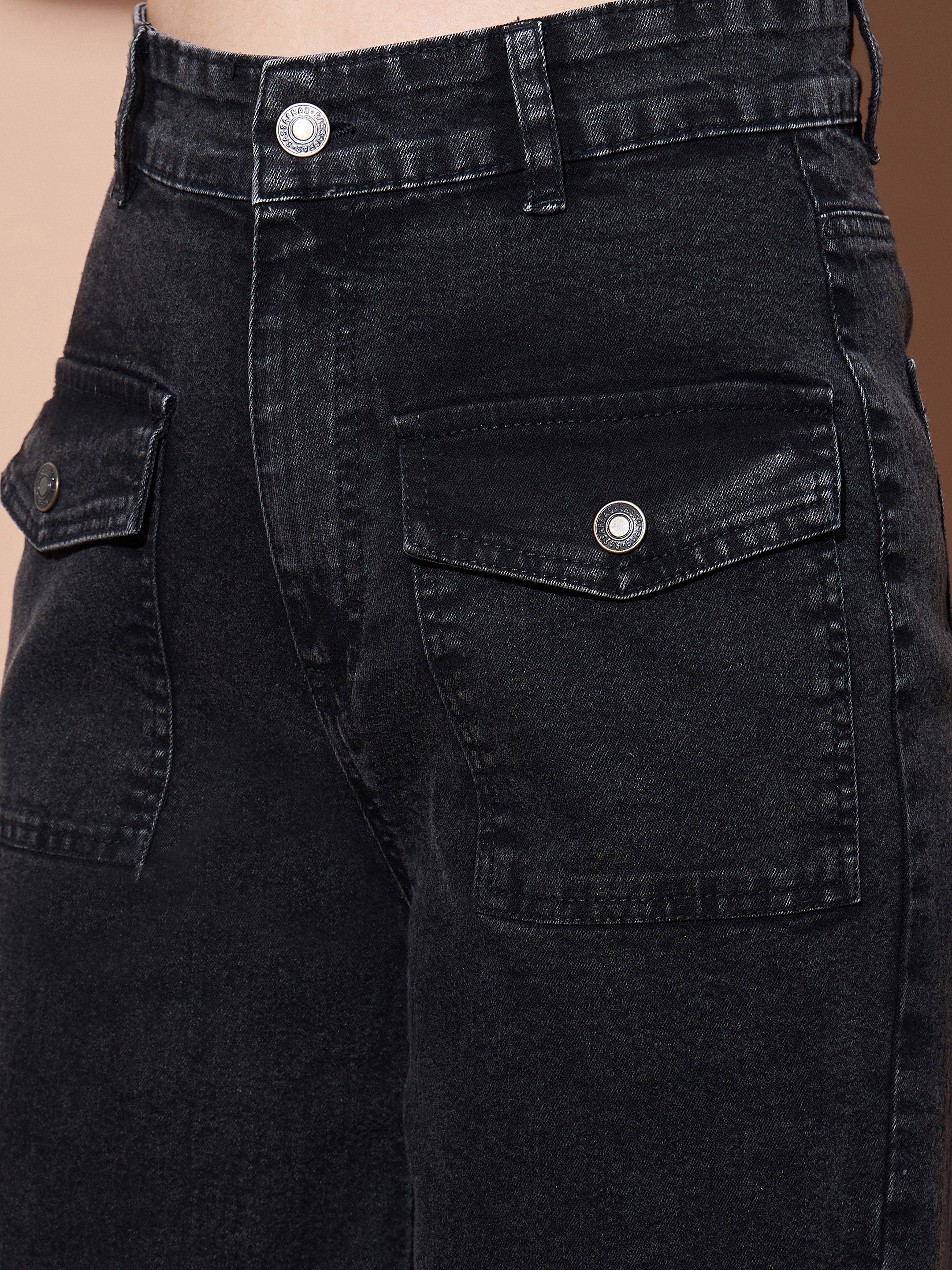 Women Black High Waist Flap Pocket Straight Jeans - Image 3
