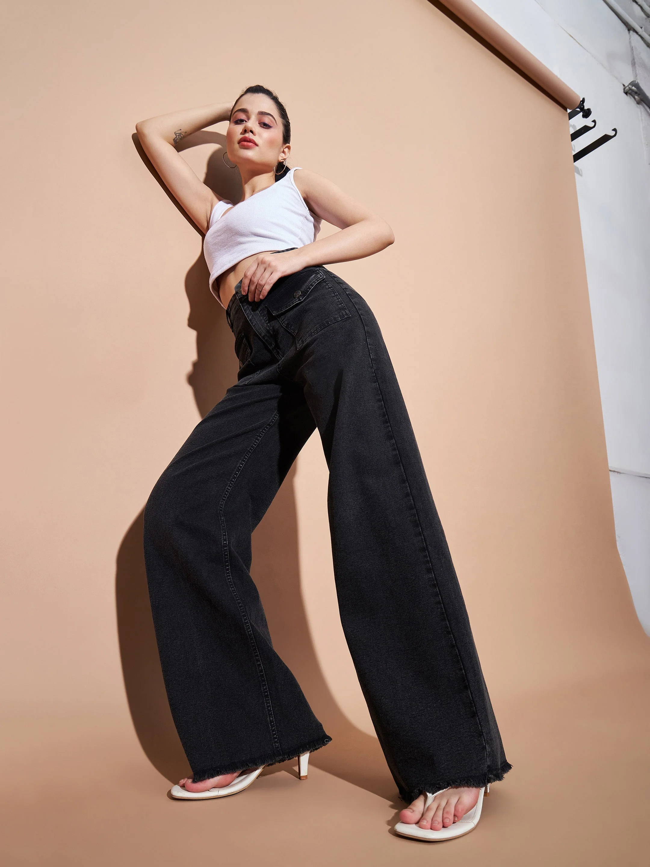 Women Black High Waist Flap Pocket Straight Jeans - Image 4