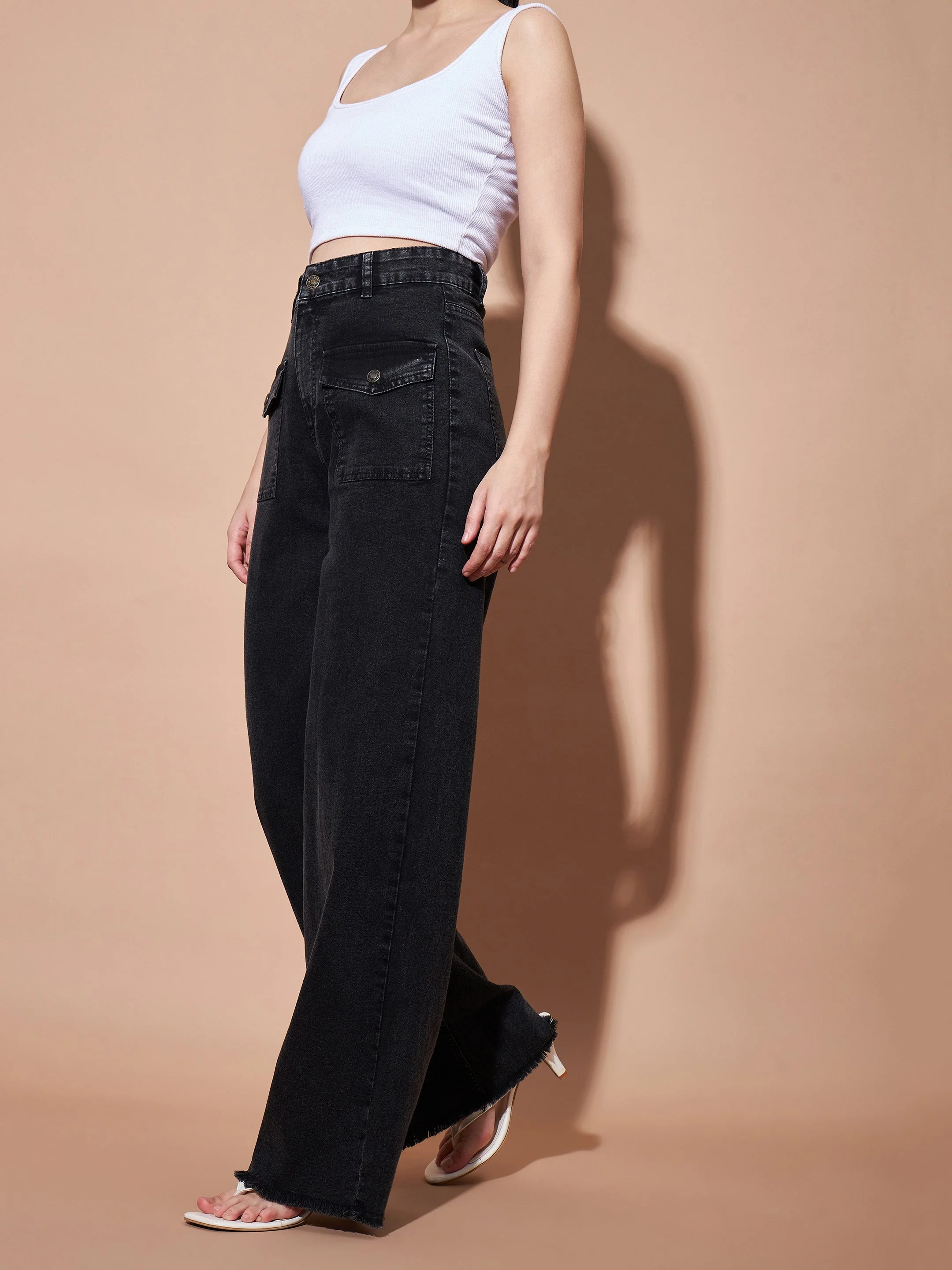 Women Black High Waist Flap Pocket Straight Jeans - Image 5