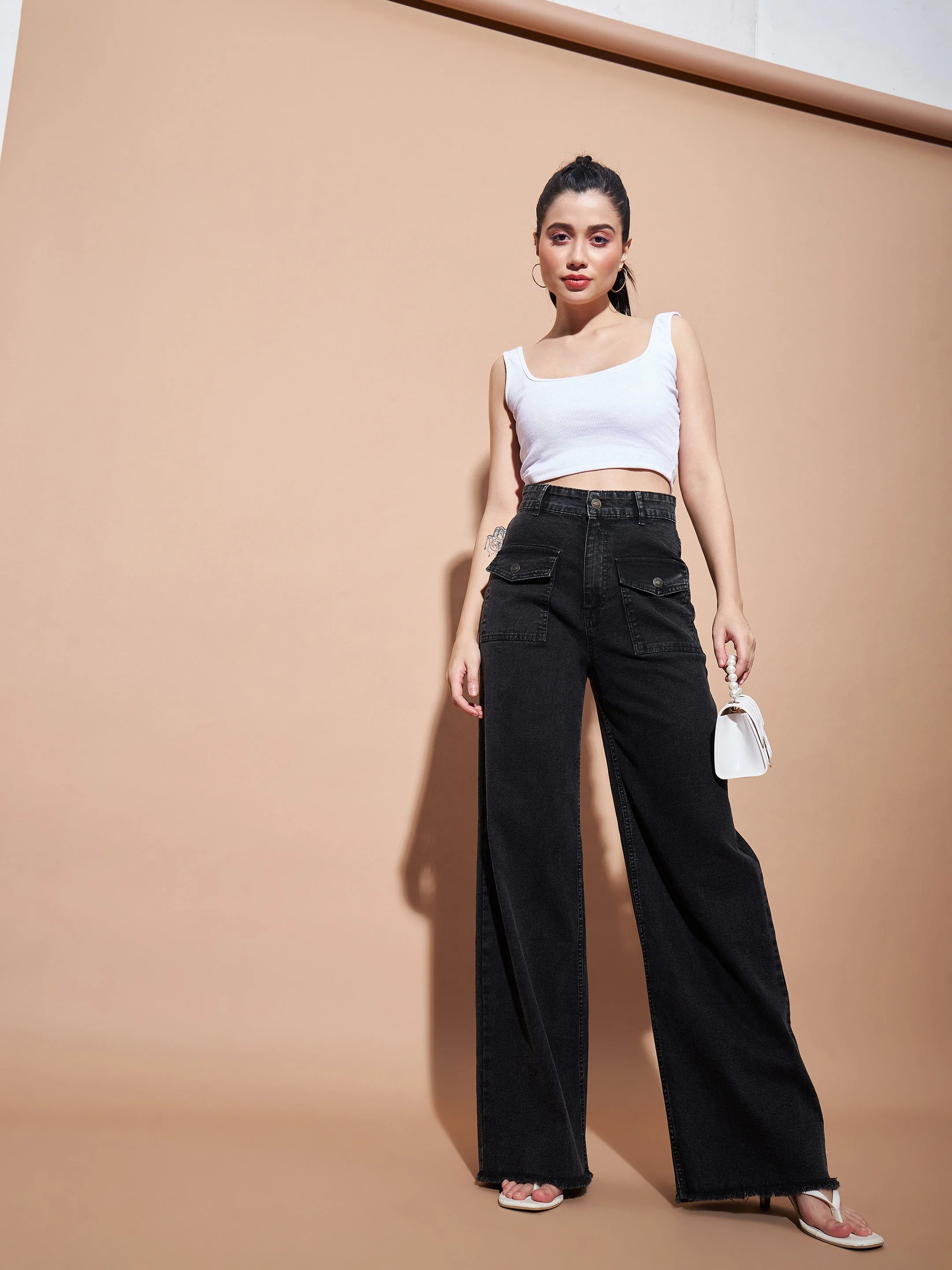 Women Black High Waist Flap Pocket Straight Jeans - Image 6