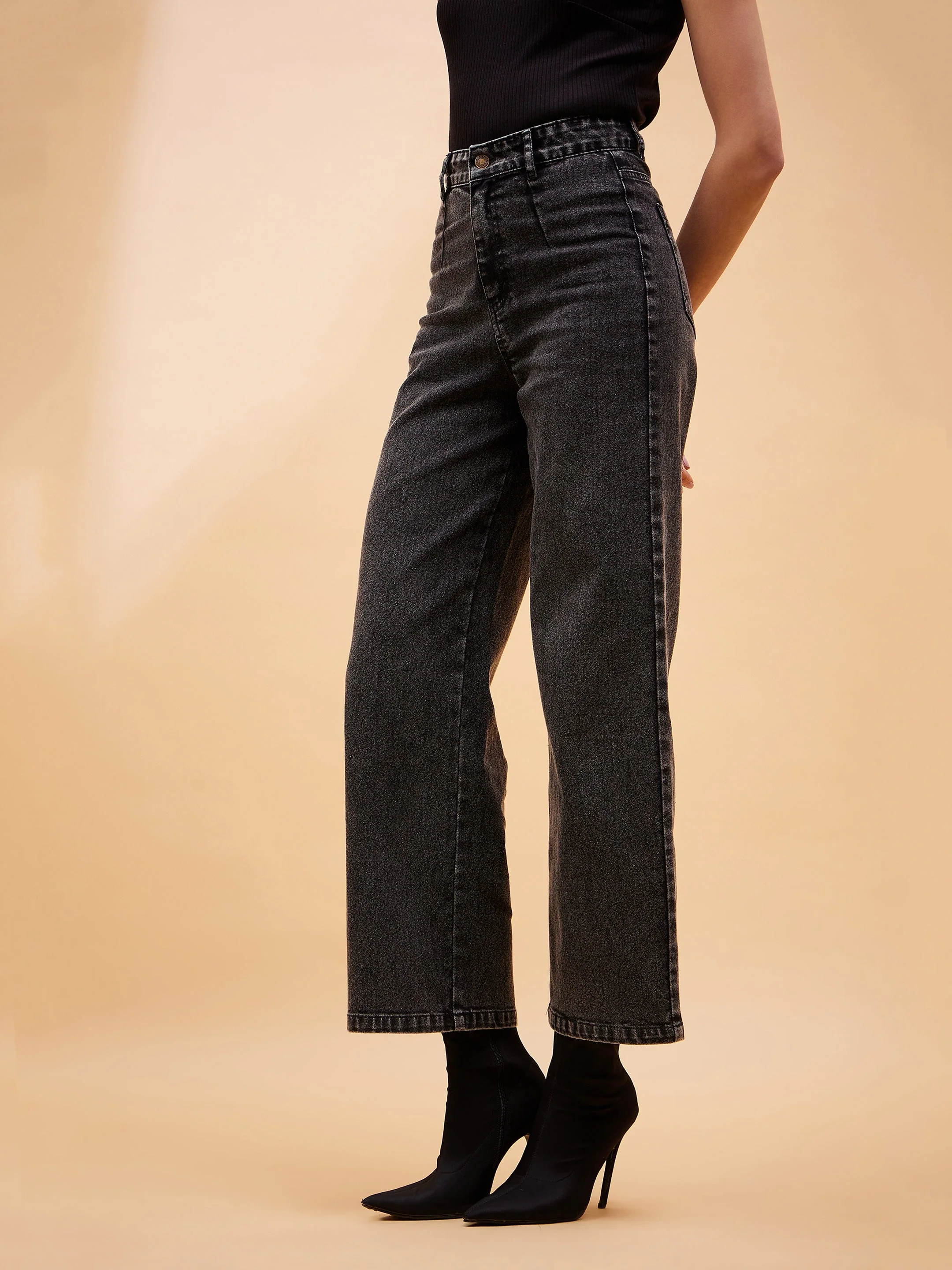Women Black High Waist Front Dart Jeans - Image 4