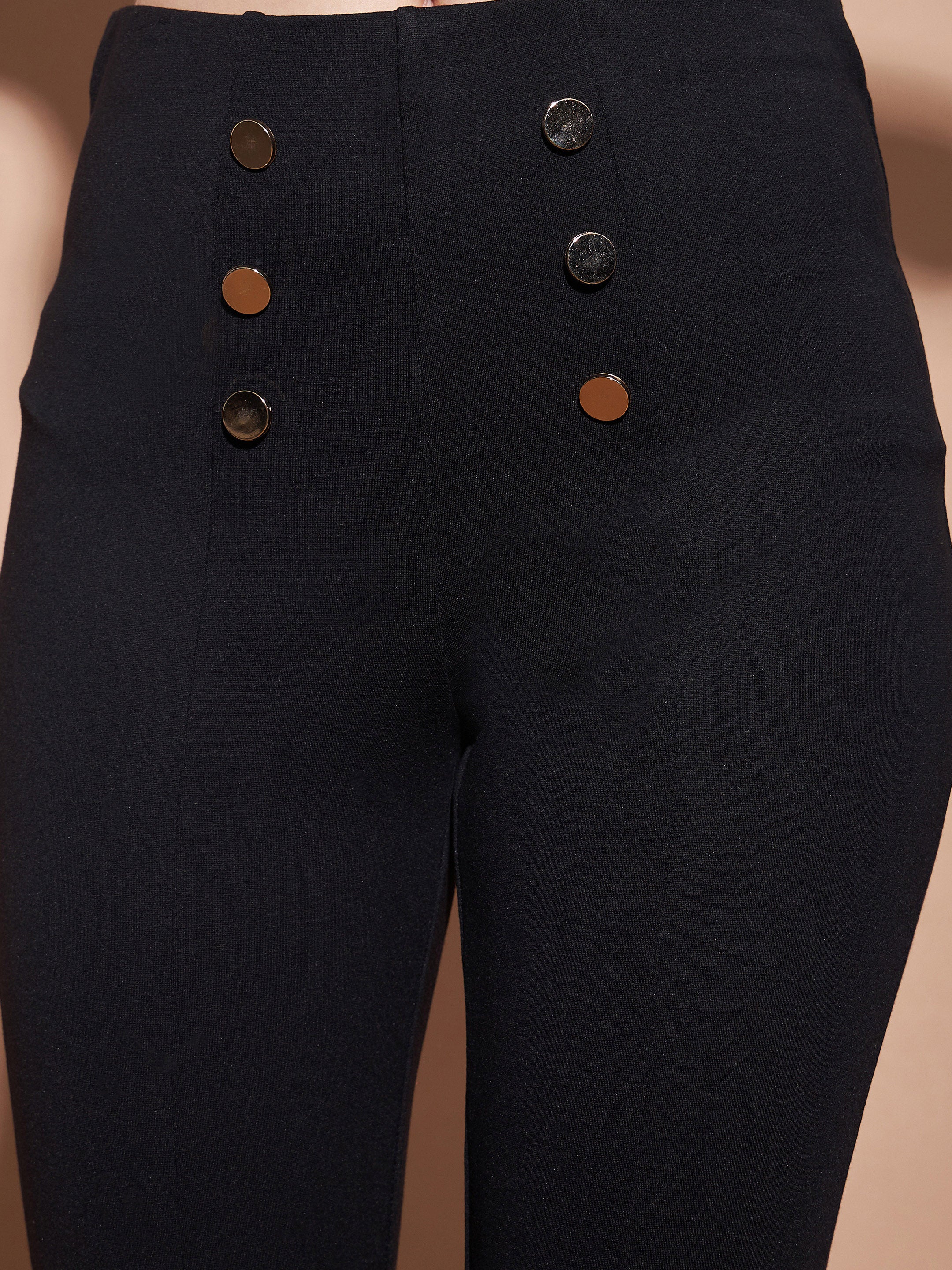 Women Black High Waist Gold Show Buttons Pants - Image 3