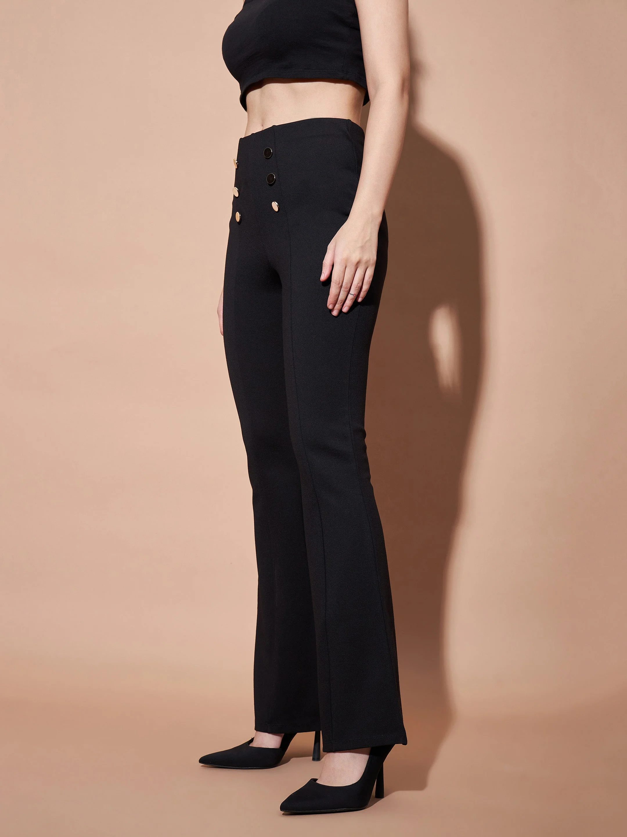 Women Black High Waist Gold Show Buttons Pants - Image 4