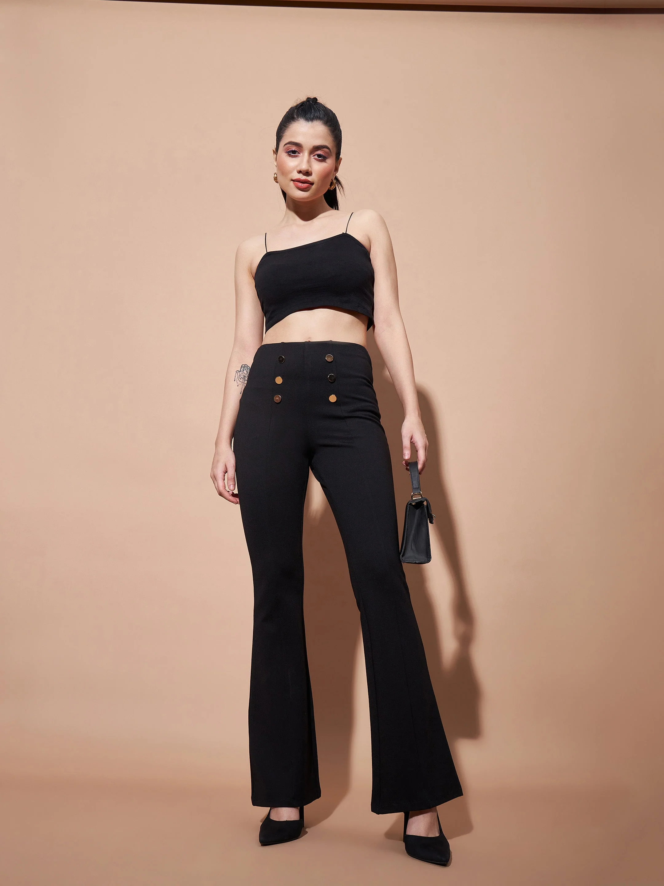 Women Black High Waist Gold Show Buttons Pants - Image 5