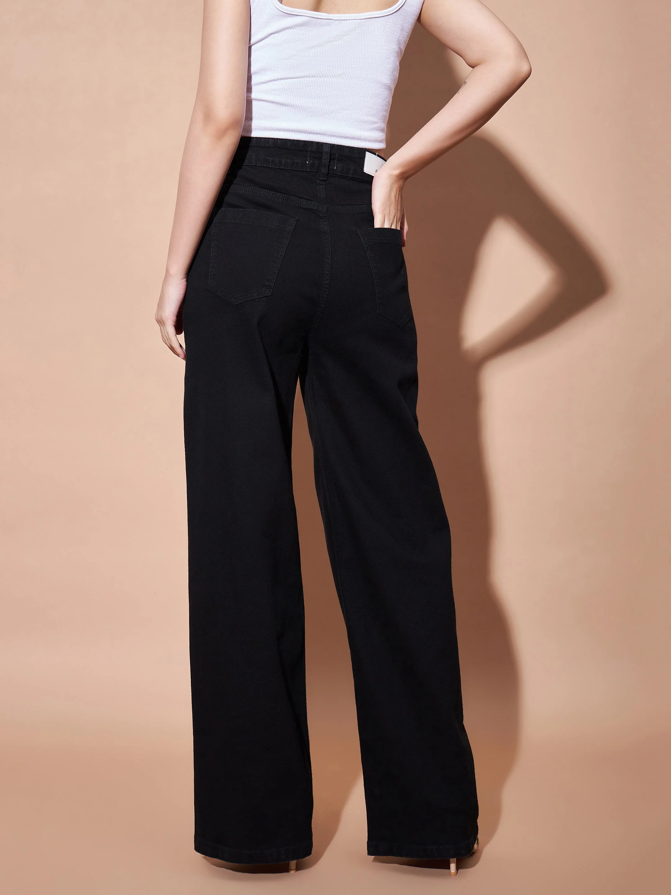 Women Black High Waist Seam Detail Straight Jeans - Image 2