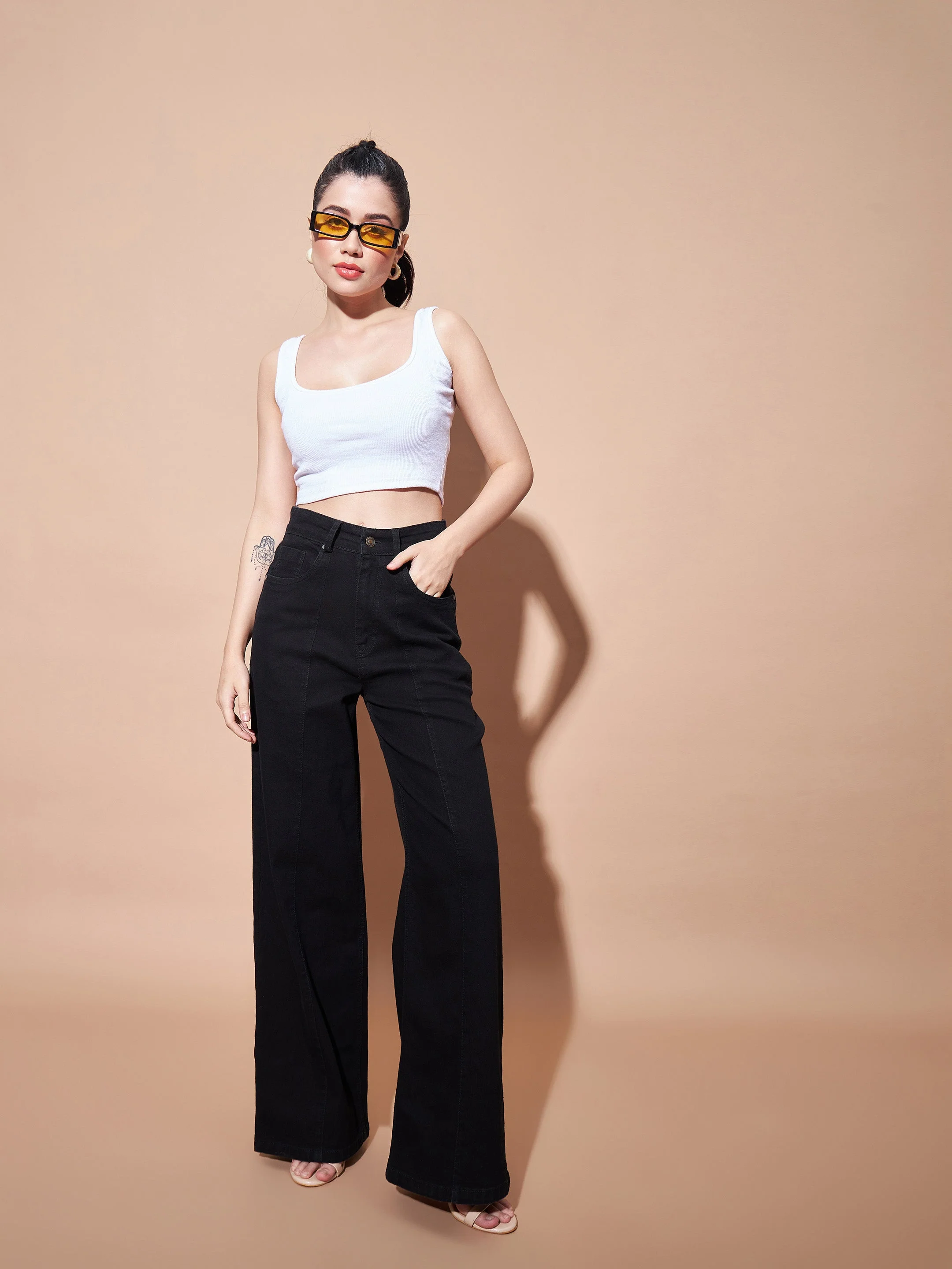 Women Black High Waist Seam Detail Straight Jeans - Image 4
