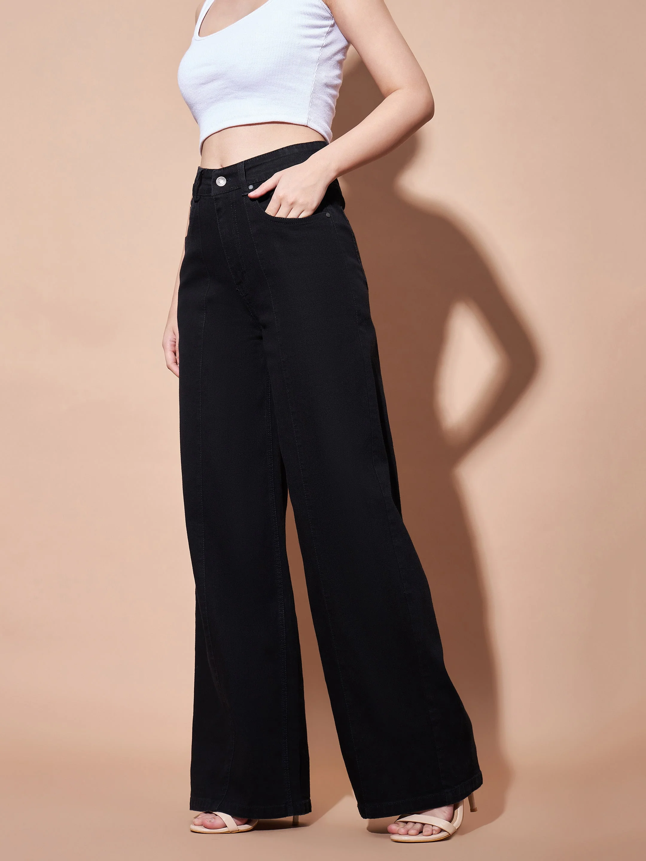 Women Black High Waist Seam Detail Straight Jeans - Image 5
