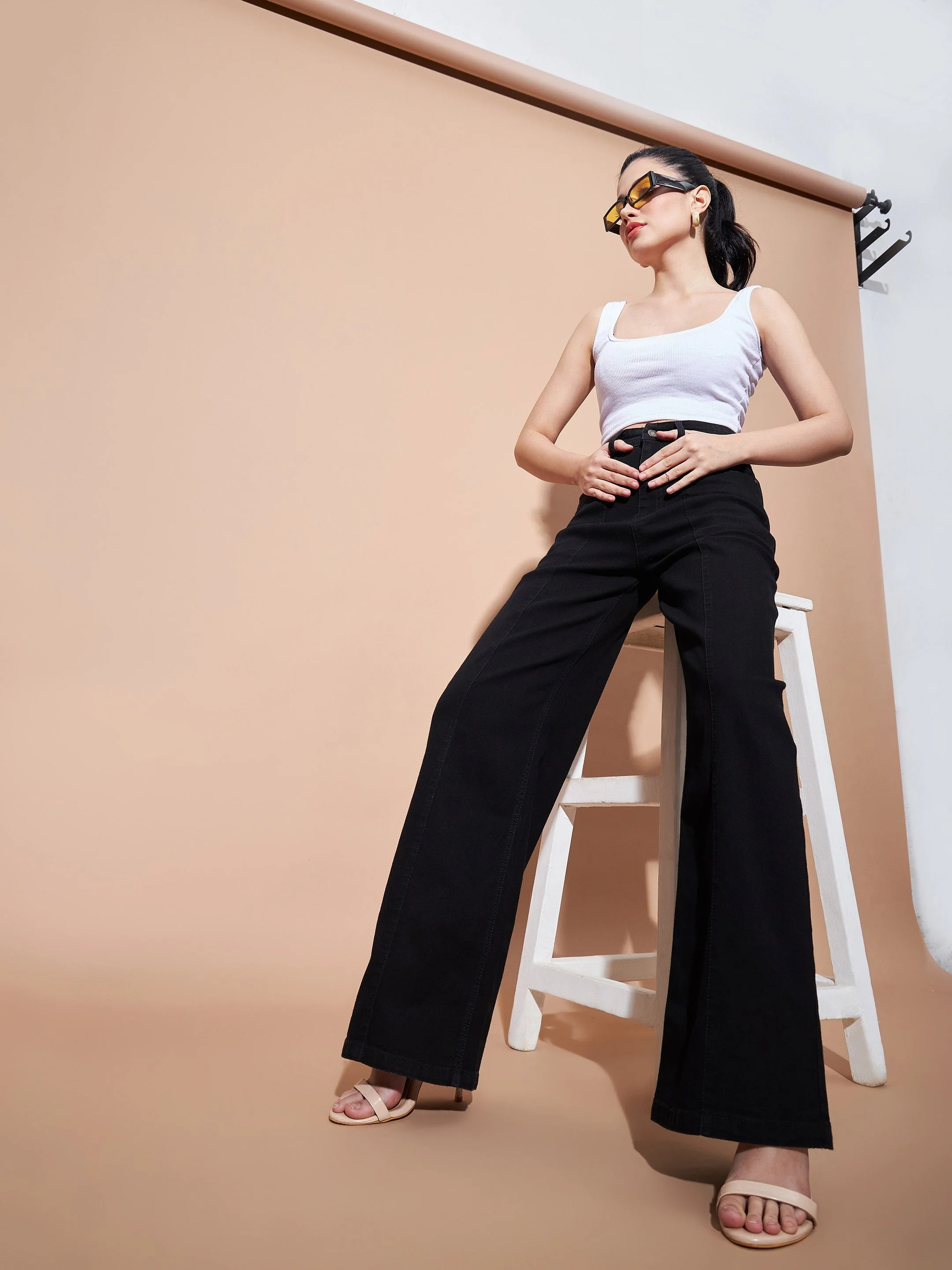 Women Black High Waist Seam Detail Straight Jeans - Image 6