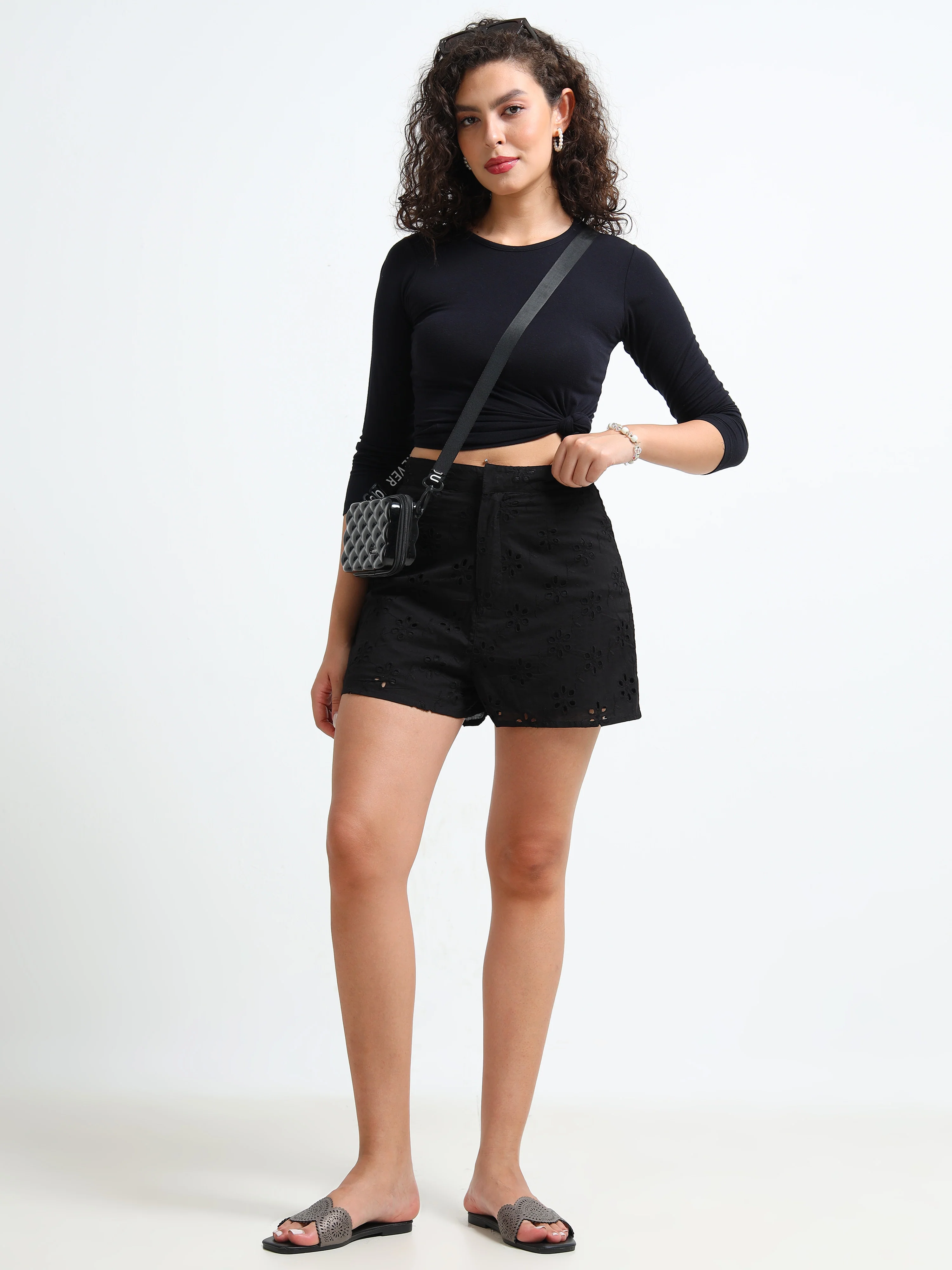 Women Black High Waist Shiffli Shorts - Image 6