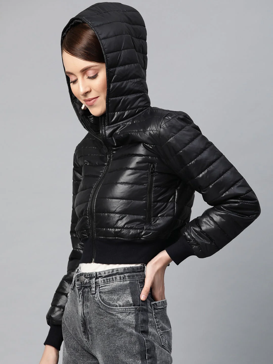 Women Black Hooded Crop Bomber Puffer Jacket - Image 2