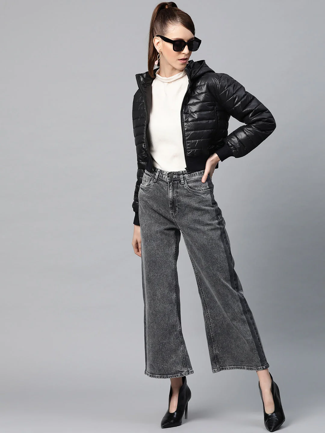 Women Black Hooded Crop Bomber Puffer Jacket - Image 3