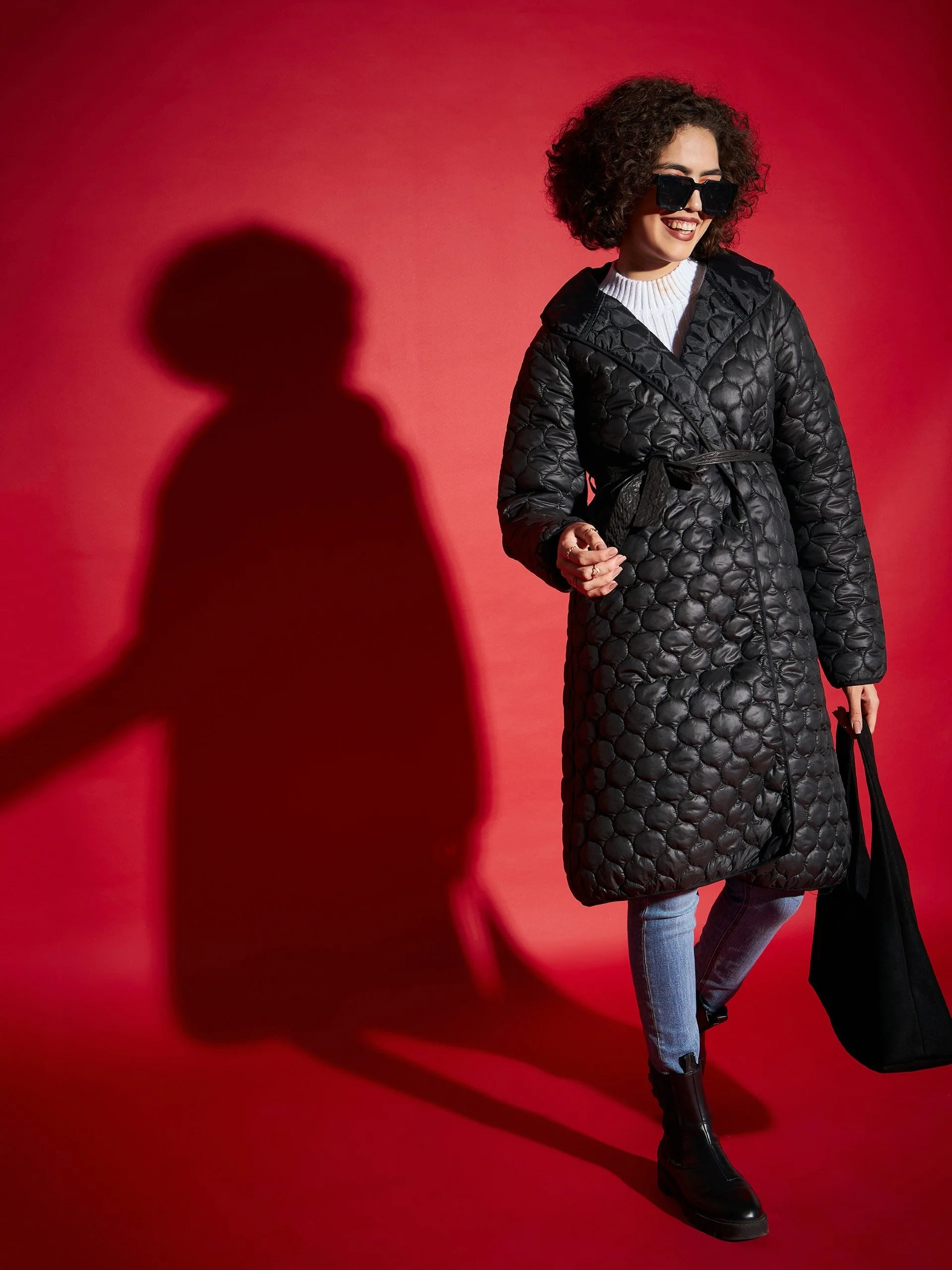 Women Black Hooded Longline Puffer Jacket - Image 2