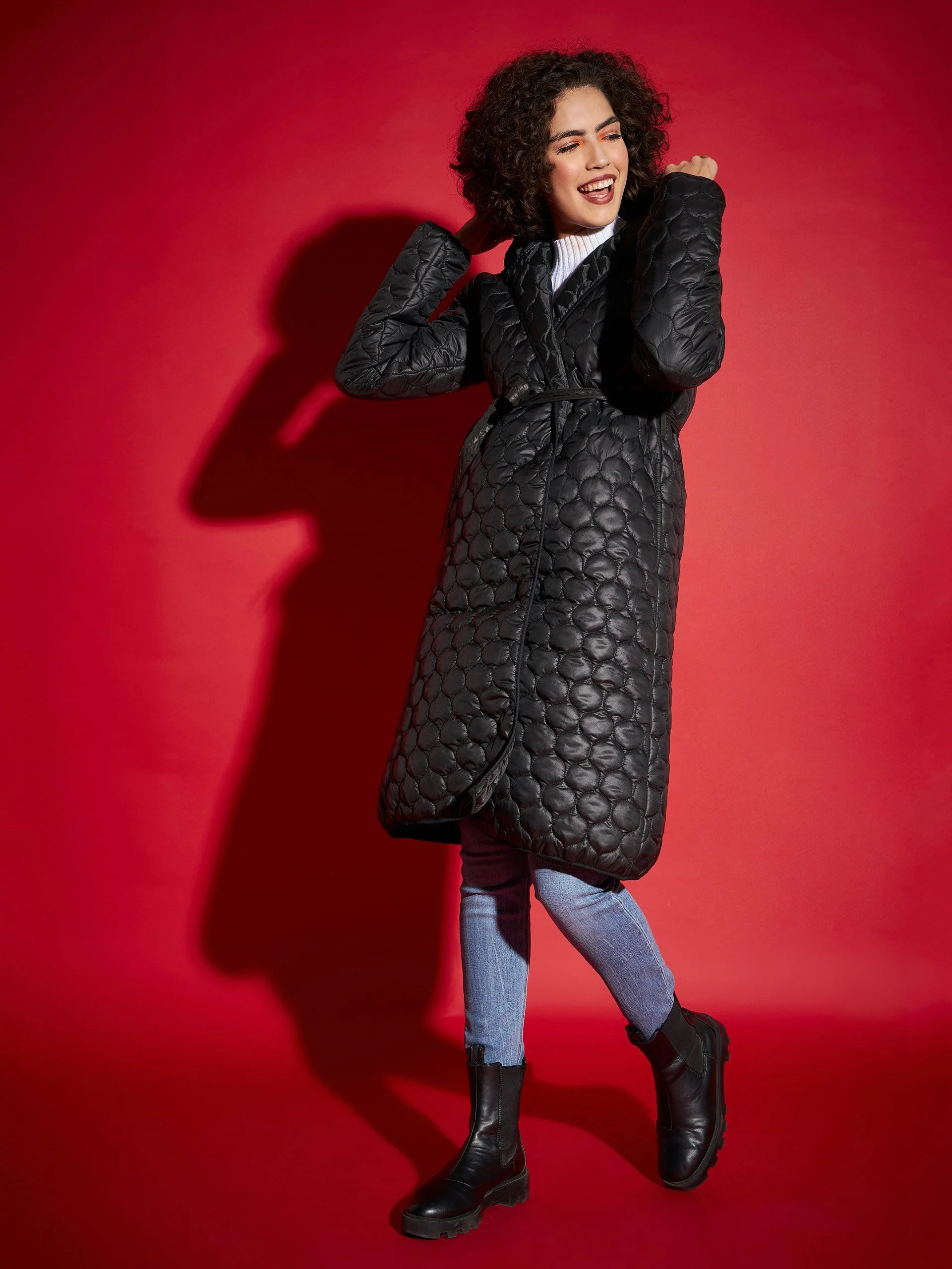 Women Black Hooded Longline Puffer Jacket - Image 3